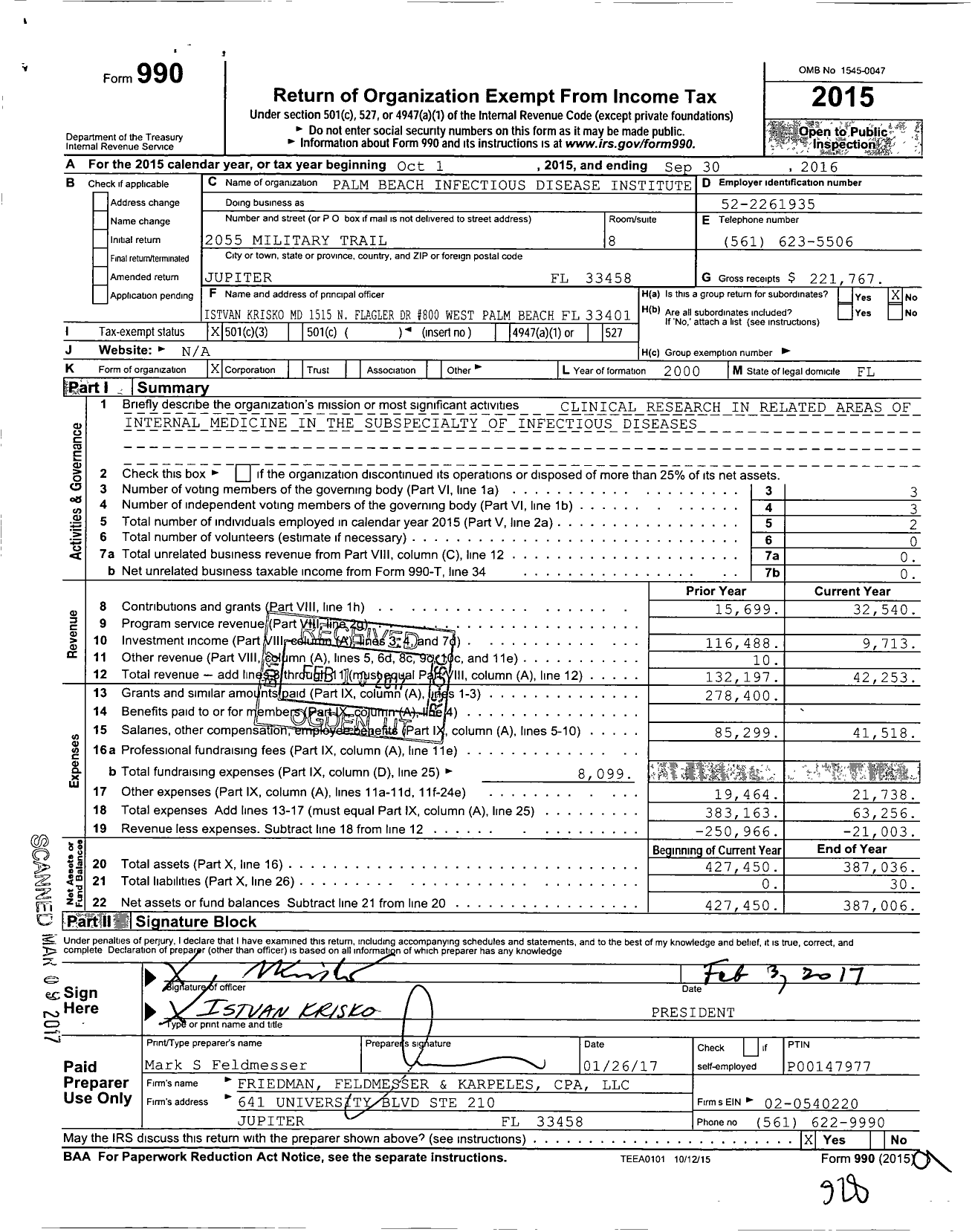 Image of first page of 2015 Form 990 for Palm Beach Infectious Disease Institute