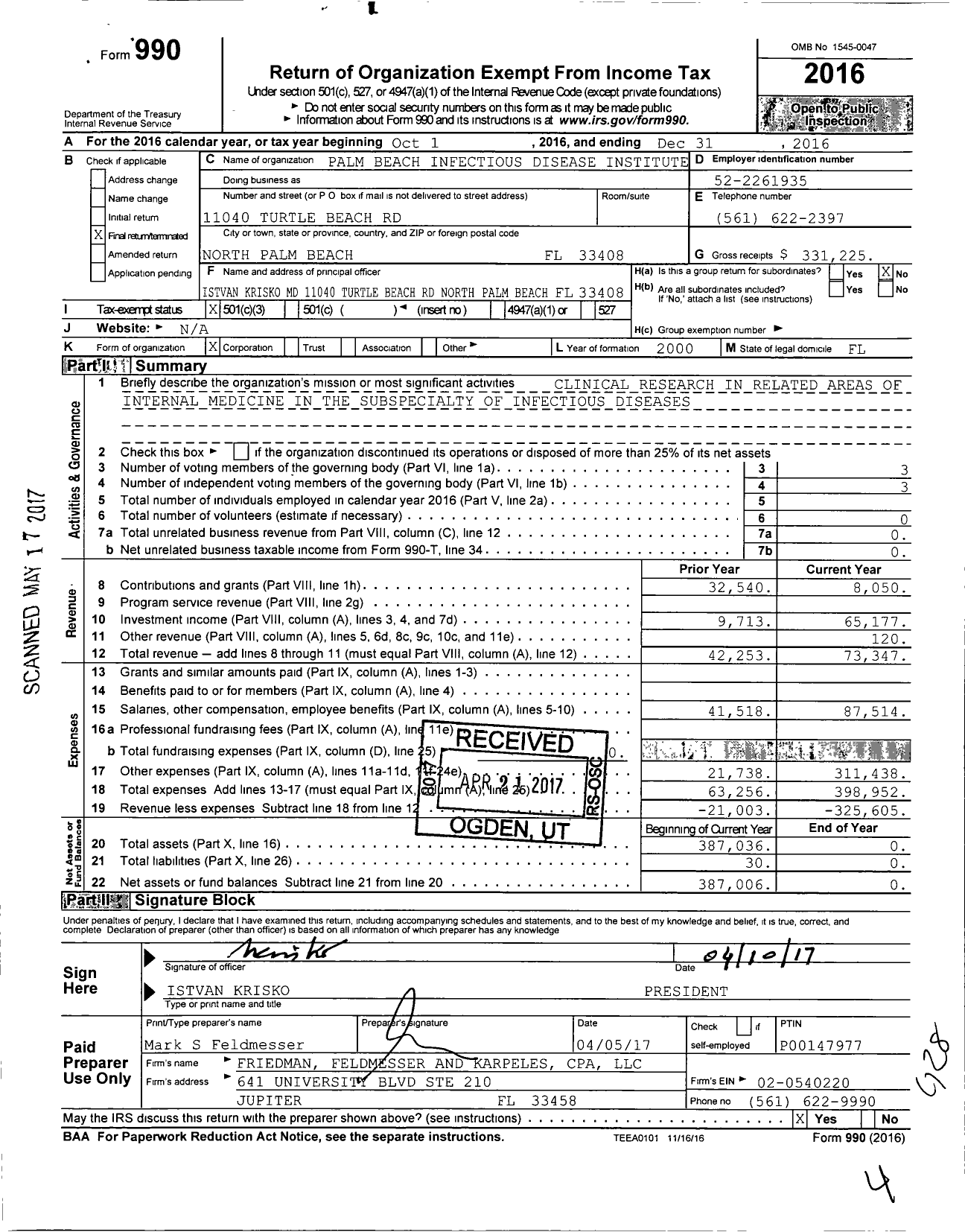 Image of first page of 2016 Form 990 for Palm Beach Infectious Disease Institute