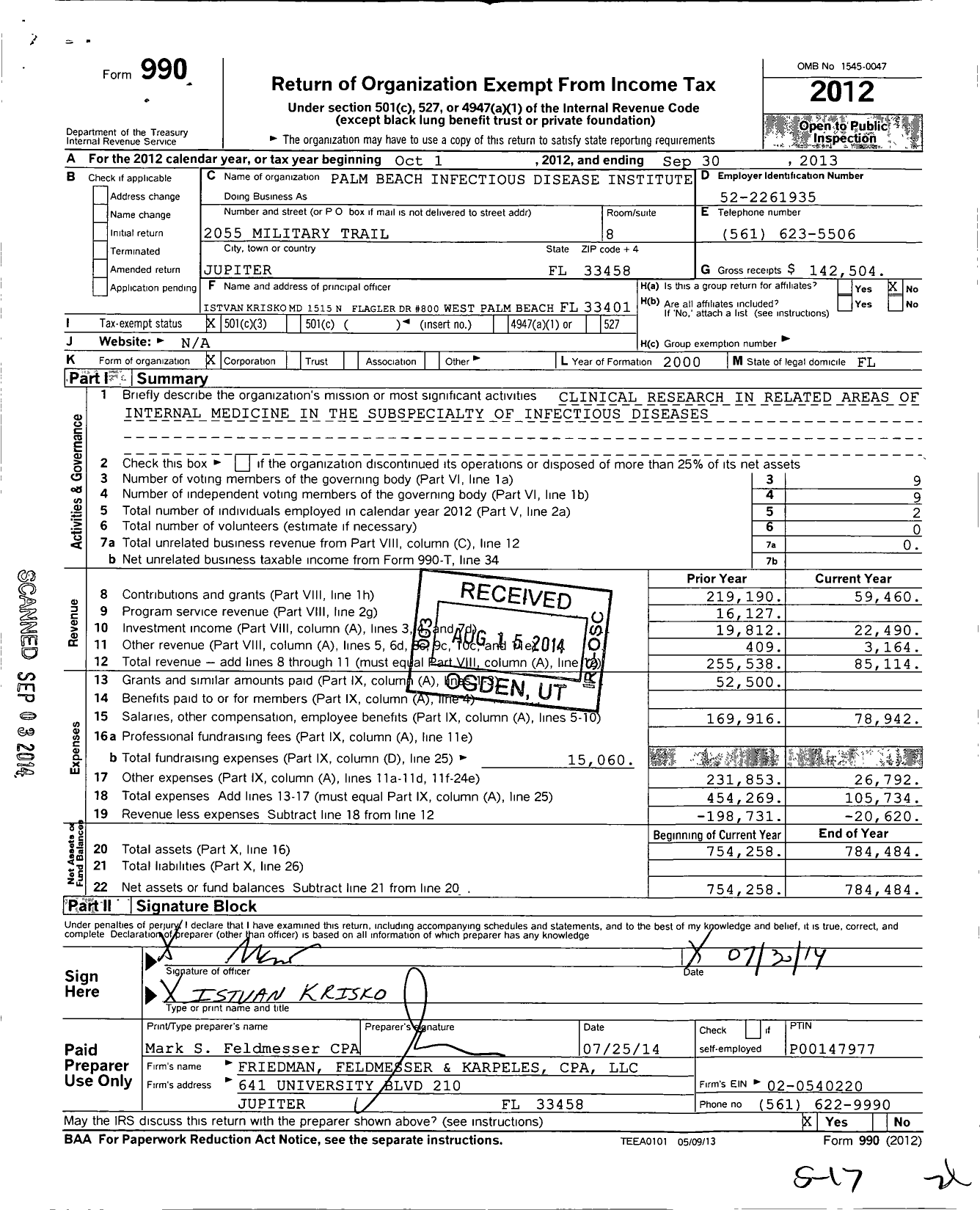 Image of first page of 2012 Form 990 for Palm Beach Infectious Disease Institute