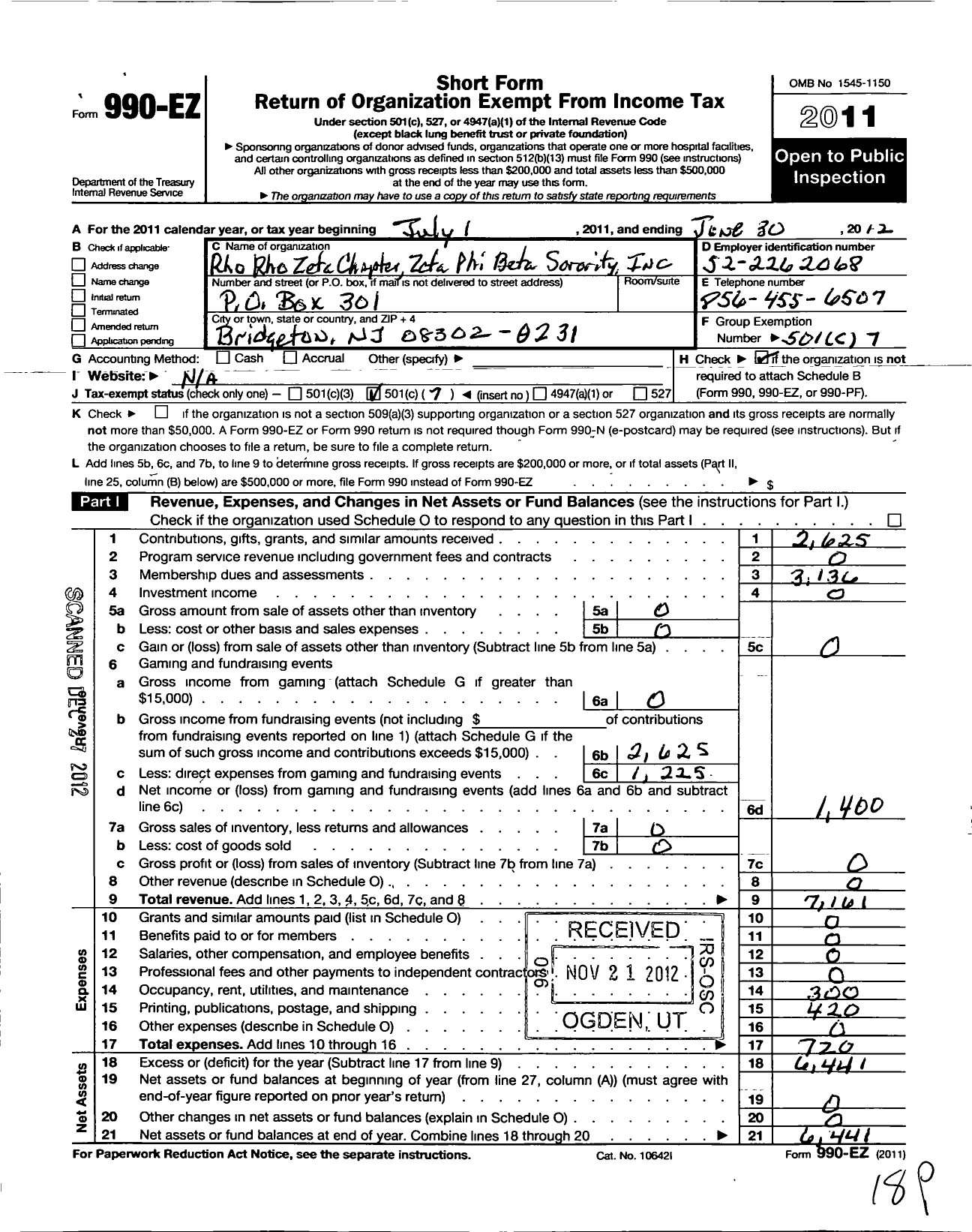 Image of first page of 2011 Form 990EO for Rho Rho Zeta Chapter