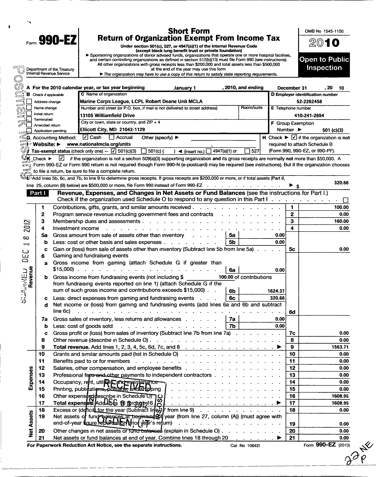 Image of first page of 2010 Form 990EZ for Marine Corps League - 770 L CPL Robert W Deane Unit Mcla