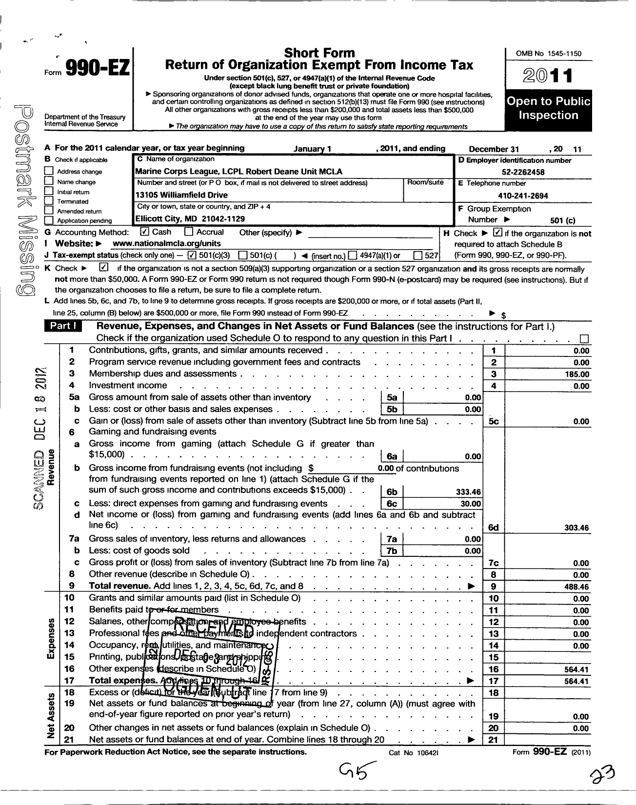 Image of first page of 2011 Form 990EZ for Marine Corps League - 770 L CPL Robert W Deane Unit Mcla