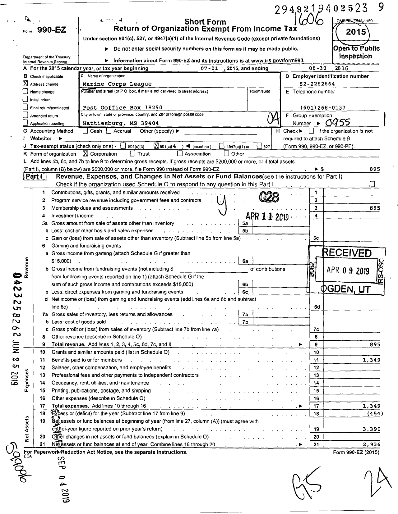 Image of first page of 2015 Form 990EO for Marine Corps League - Department of Mississippi MCL