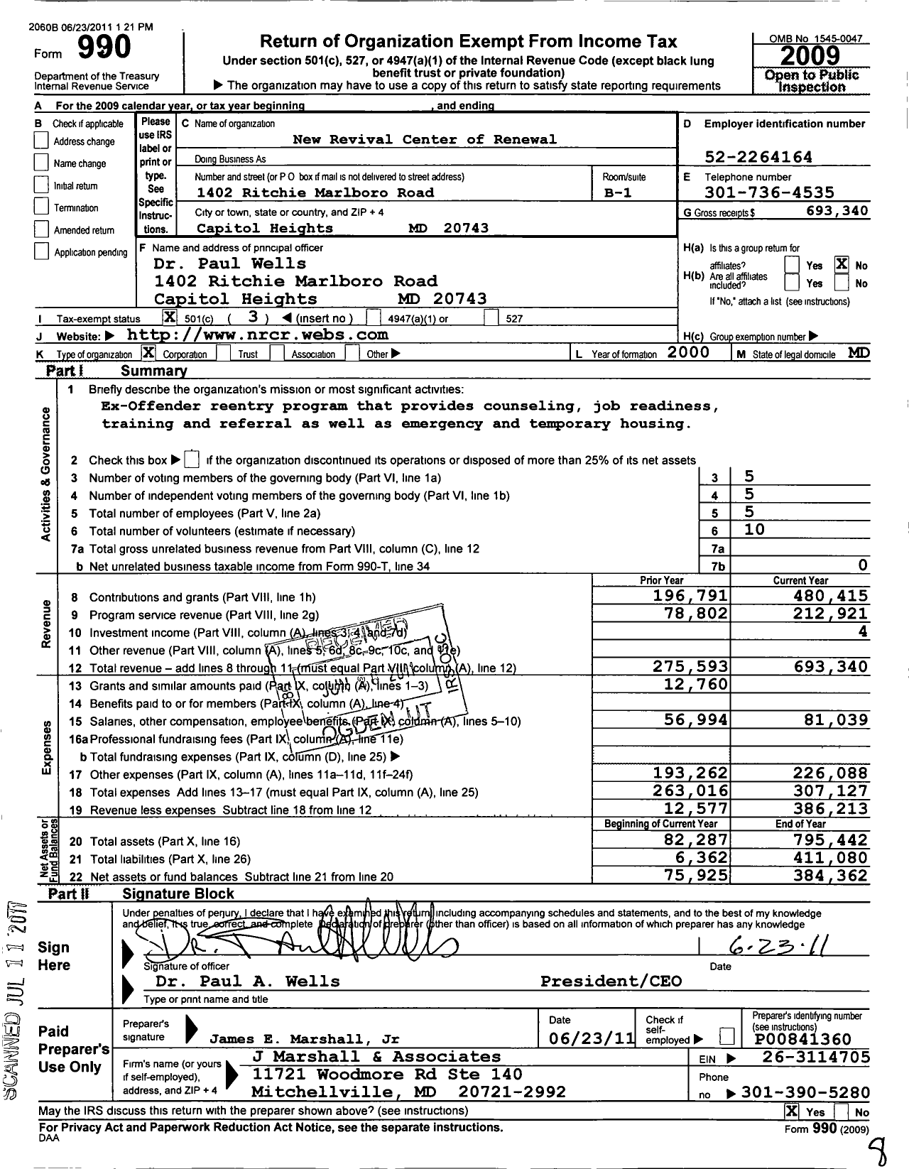 Image of first page of 2009 Form 990 for New Revival Center of Renewal