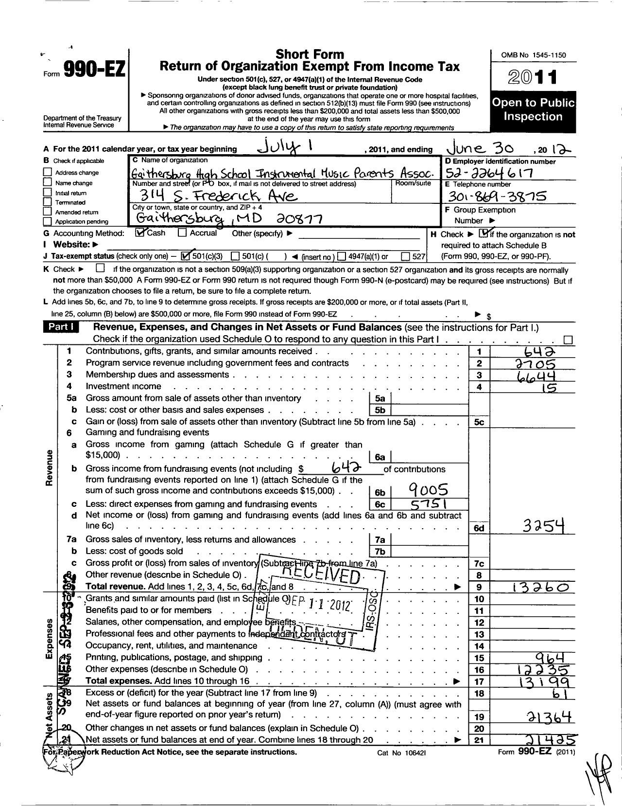 Image of first page of 2011 Form 990EZ for Gaithersburg High School Instrumental Music Parents