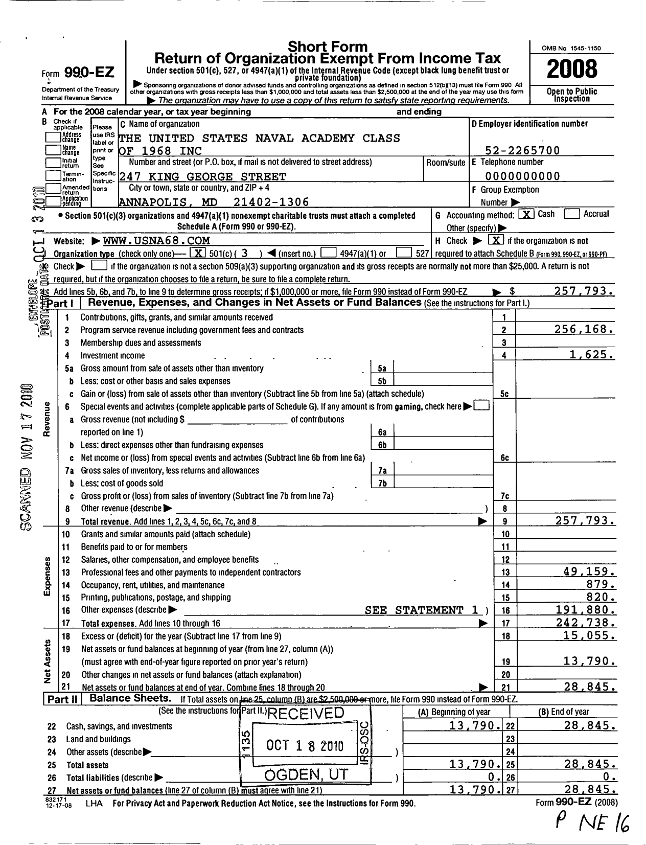 Image of first page of 2008 Form 990EZ for United States Naval Academy Class o f 1968