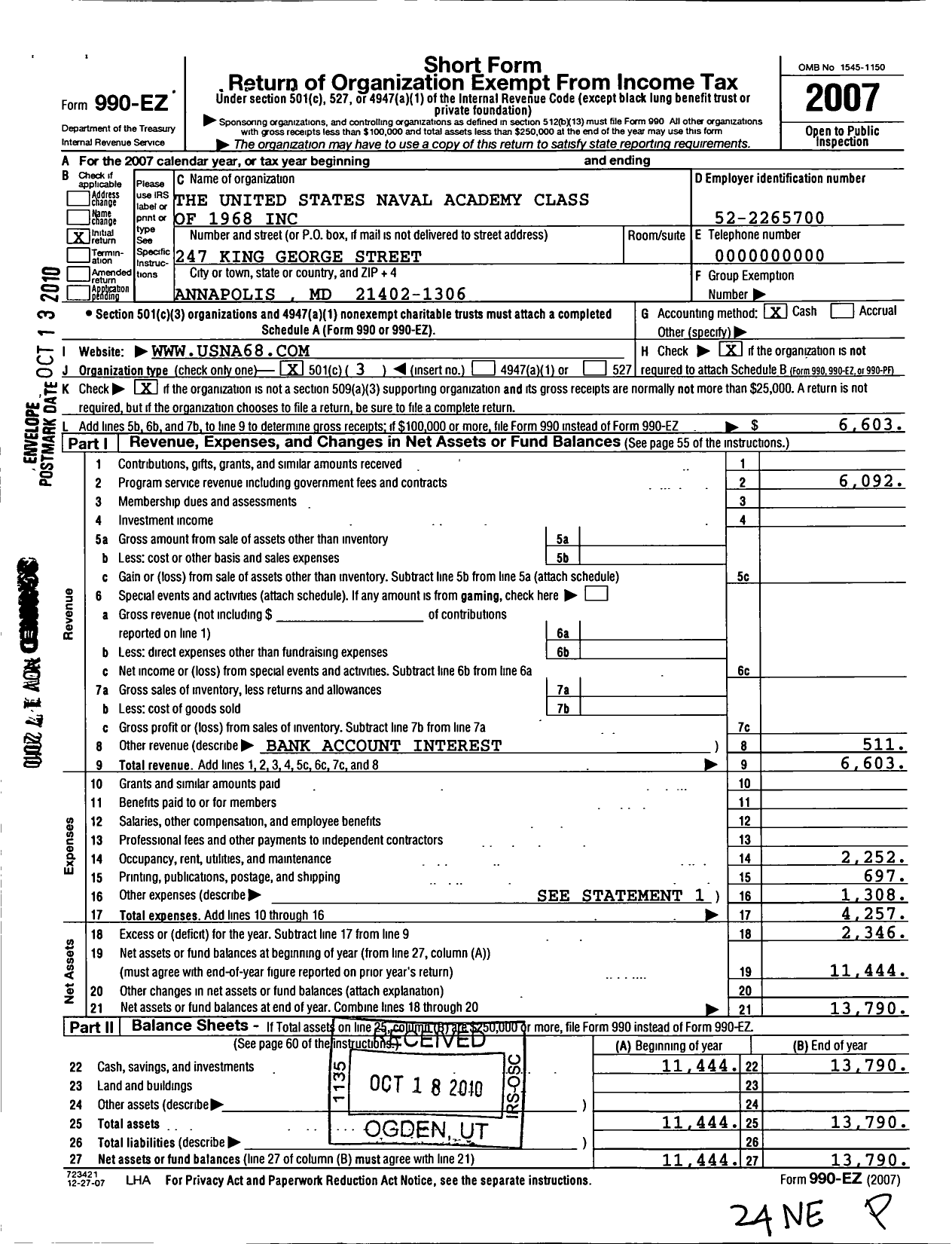 Image of first page of 2007 Form 990EZ for United States Naval Academy Class o f 1968