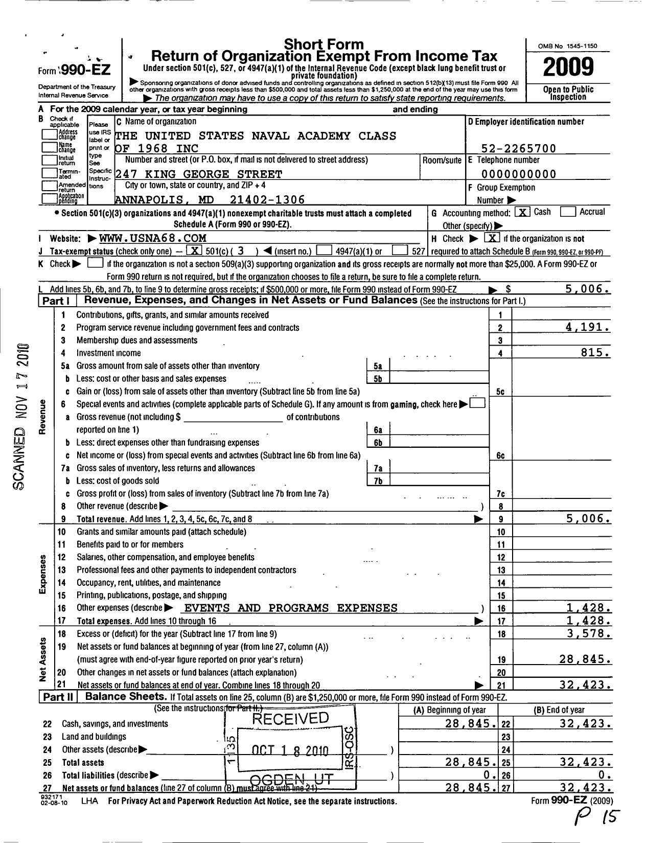 Image of first page of 2009 Form 990EZ for United States Naval Academy Class o f 1968