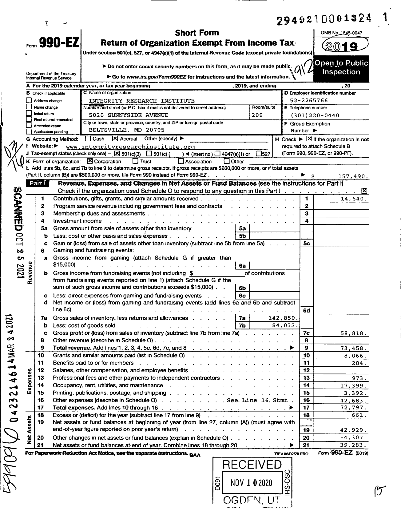 Image of first page of 2019 Form 990EZ for Integrity Research Institute