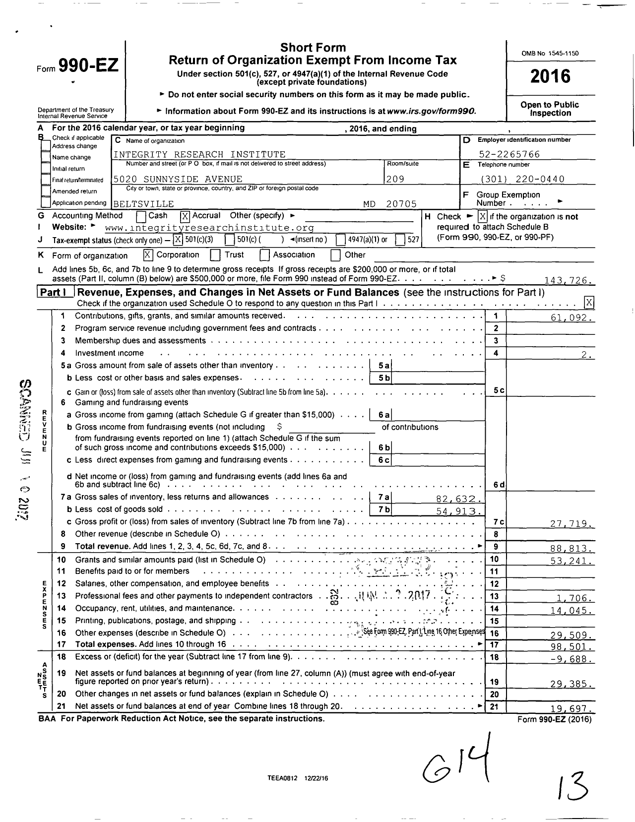 Image of first page of 2016 Form 990EZ for Integrity Research Institute