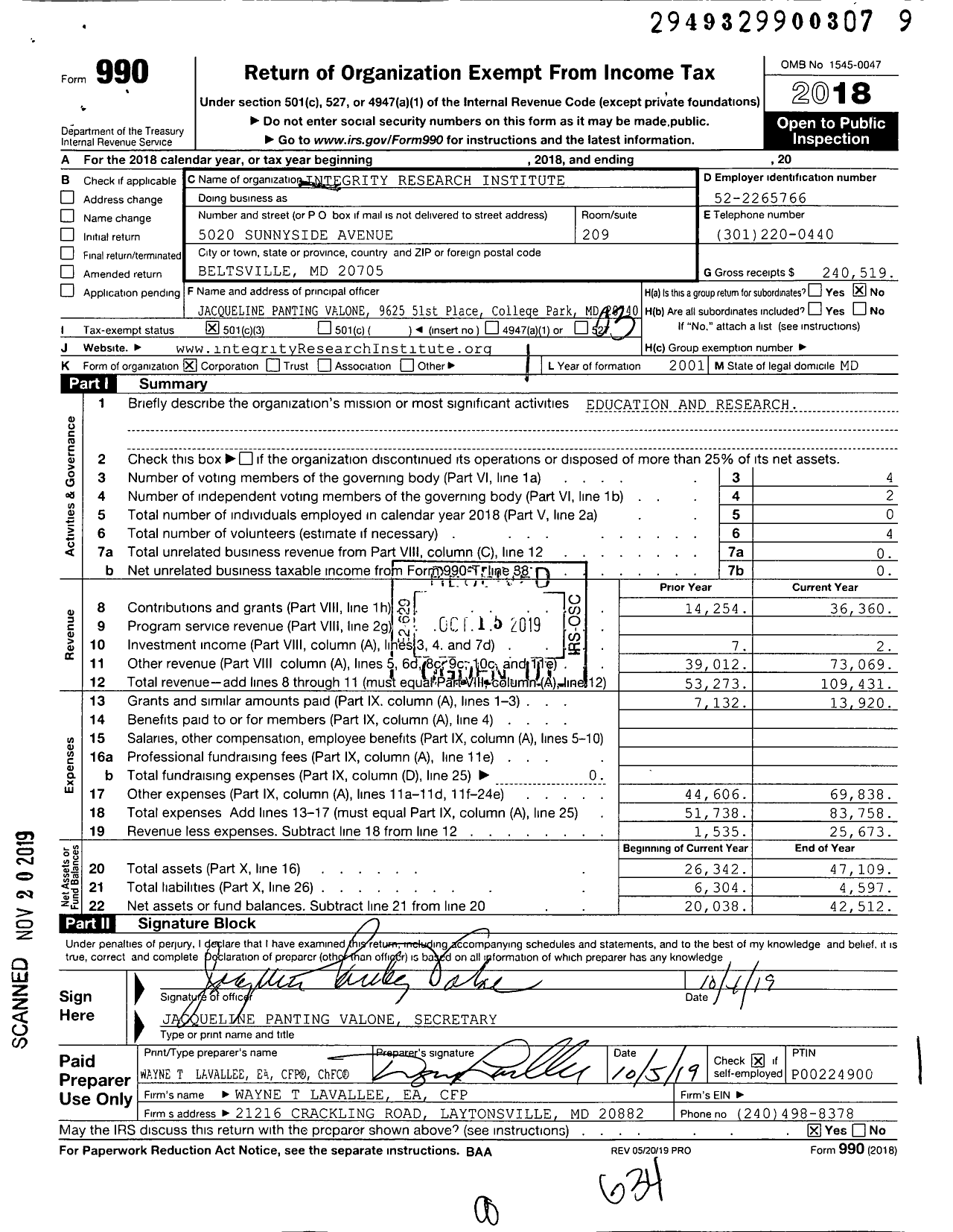 Image of first page of 2018 Form 990 for Integrity Research Institute