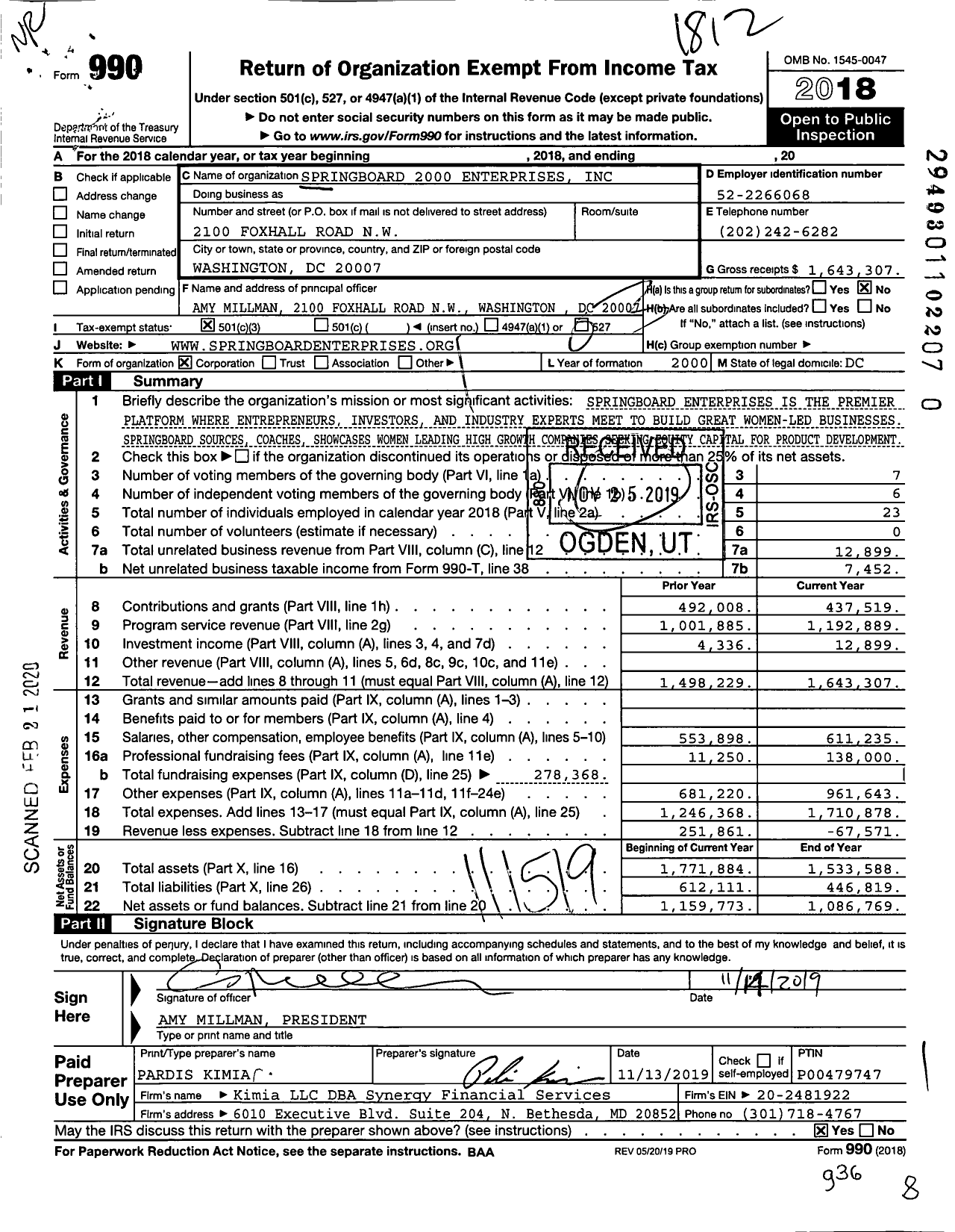 Image of first page of 2018 Form 990 for Springboard Enterprises