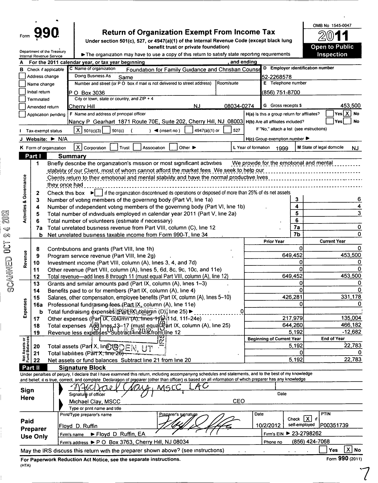 Image of first page of 2011 Form 990 for Foundation for Family Guidance and Christian Counse