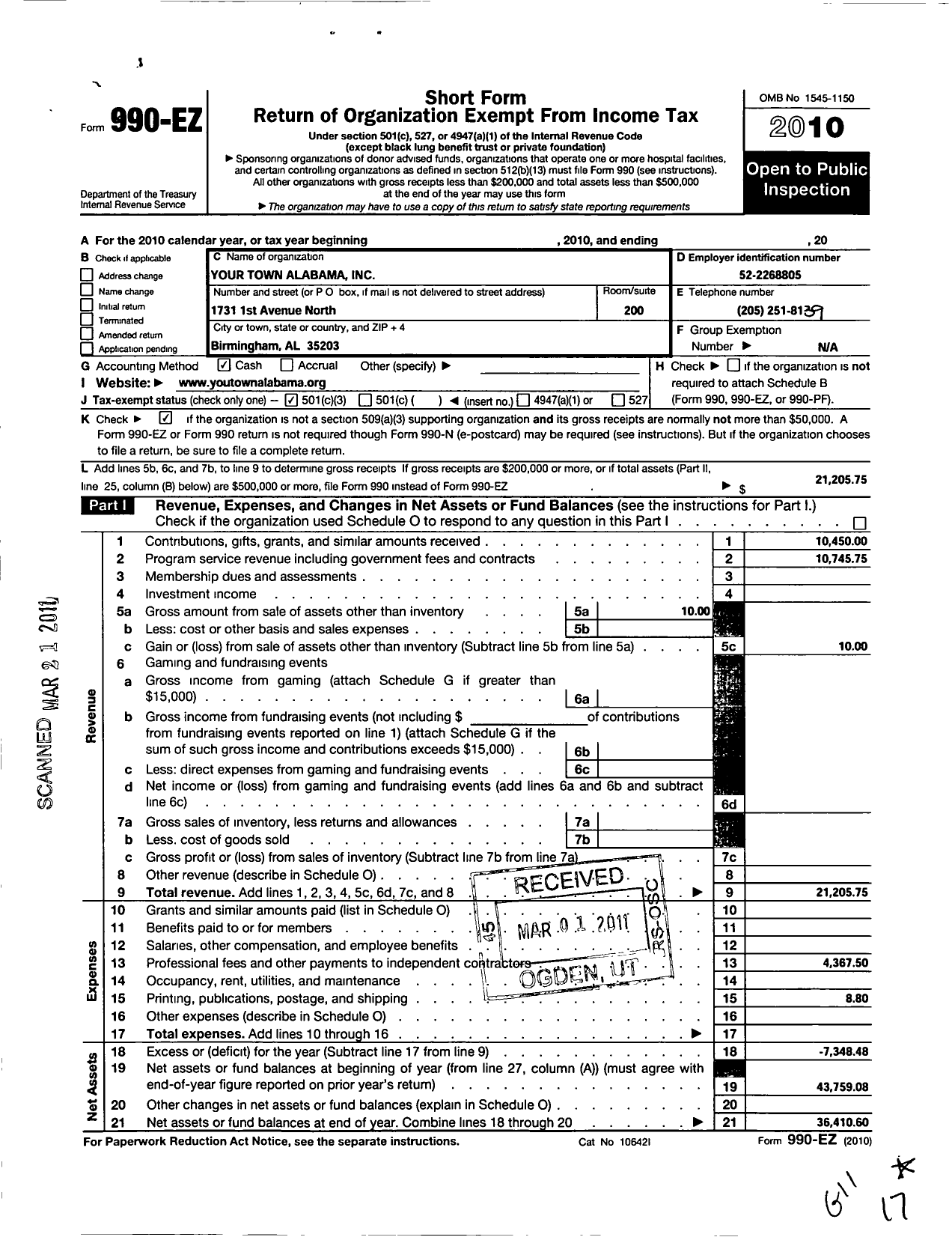 Image of first page of 2010 Form 990EZ for Your-Town Alabama