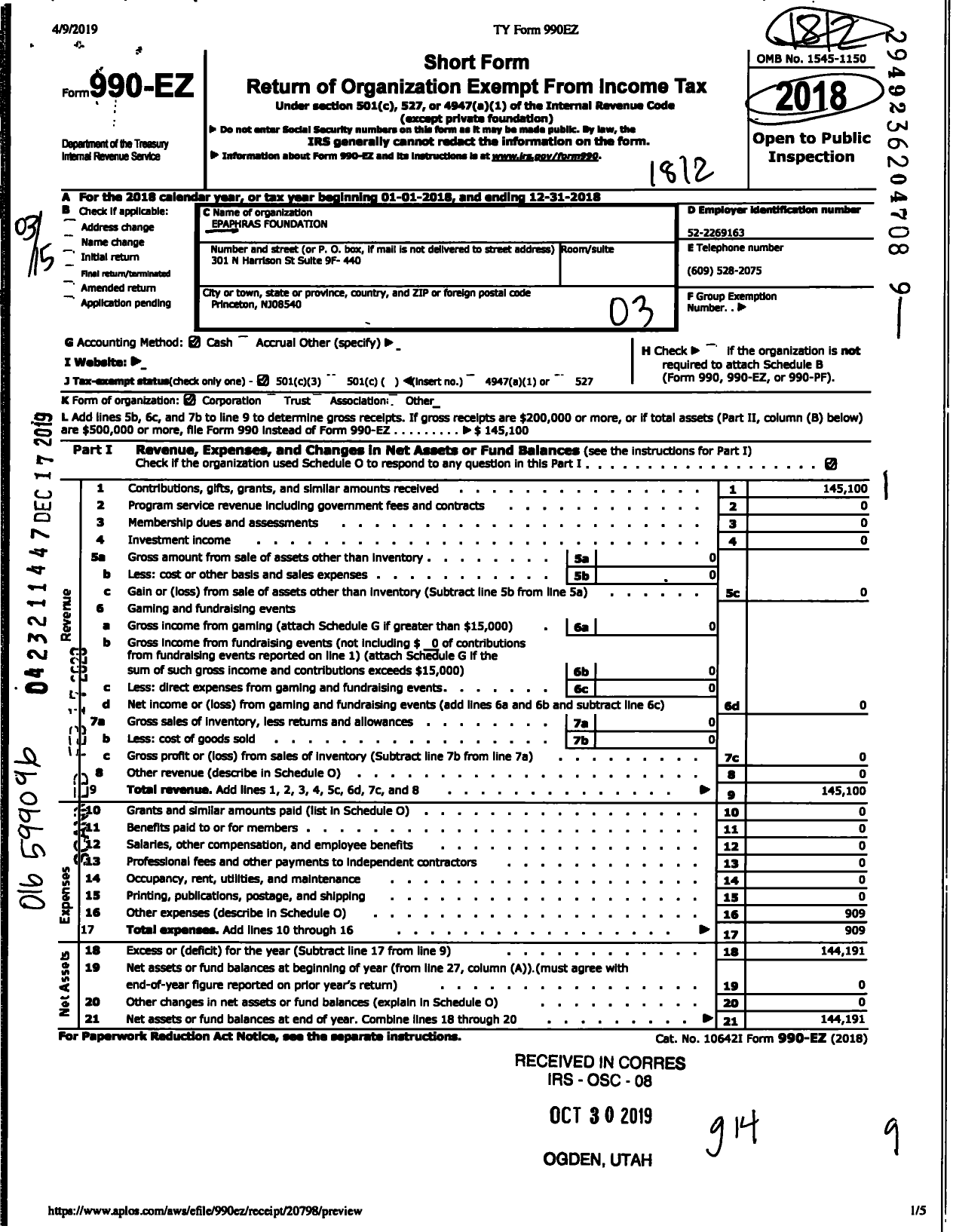 Image of first page of 2018 Form 990EZ for Epaphras Foundation