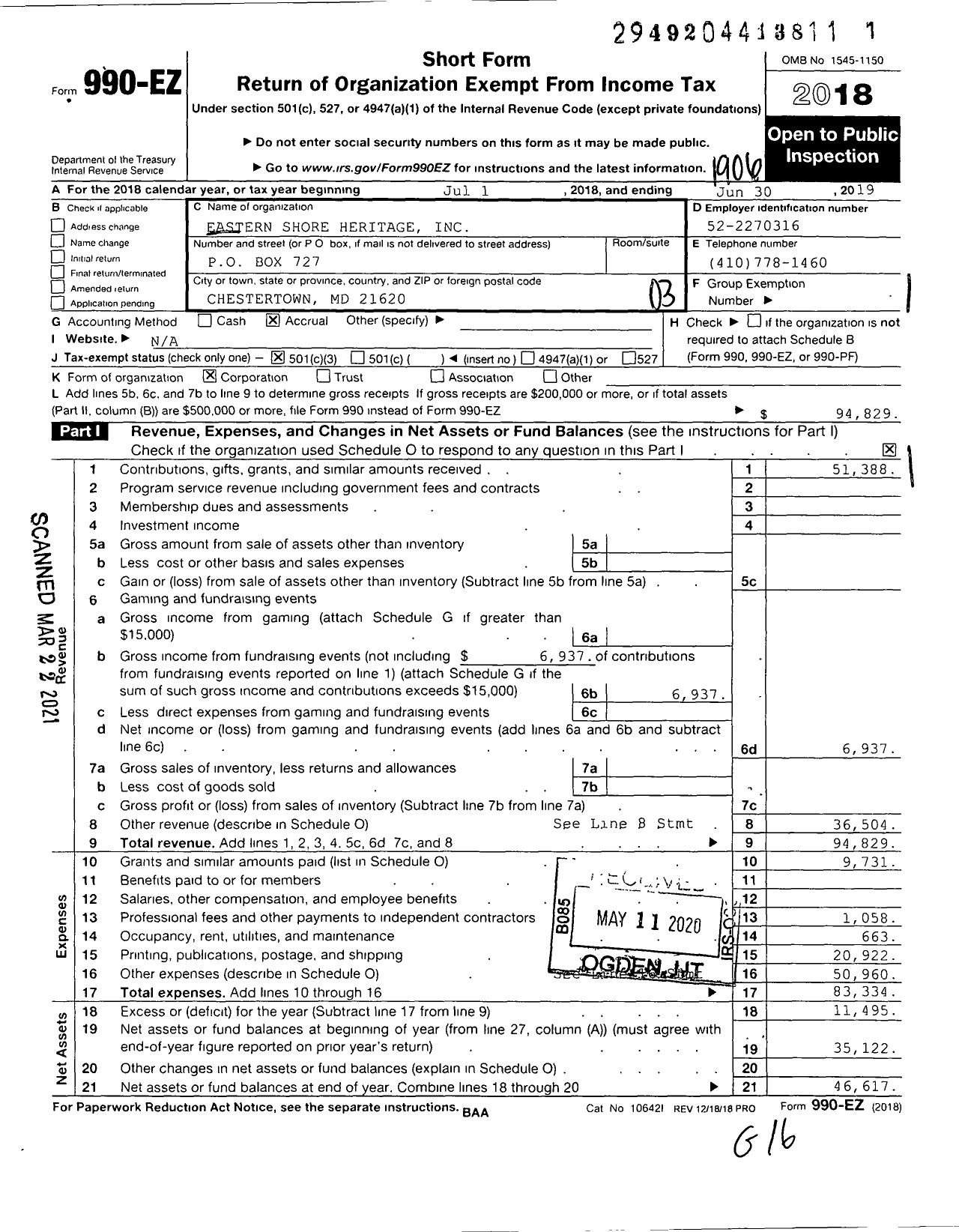 Image of first page of 2018 Form 990EZ for Eastern Shore Heritage