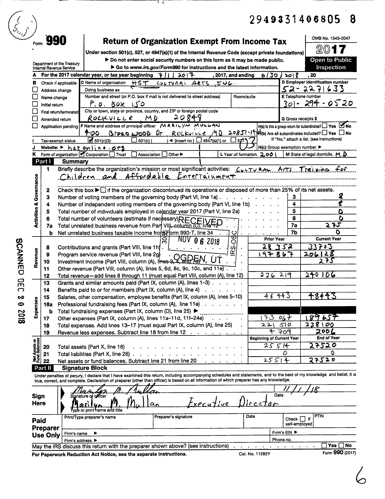 Image of first page of 2017 Form 990 for HST Cultural Arts