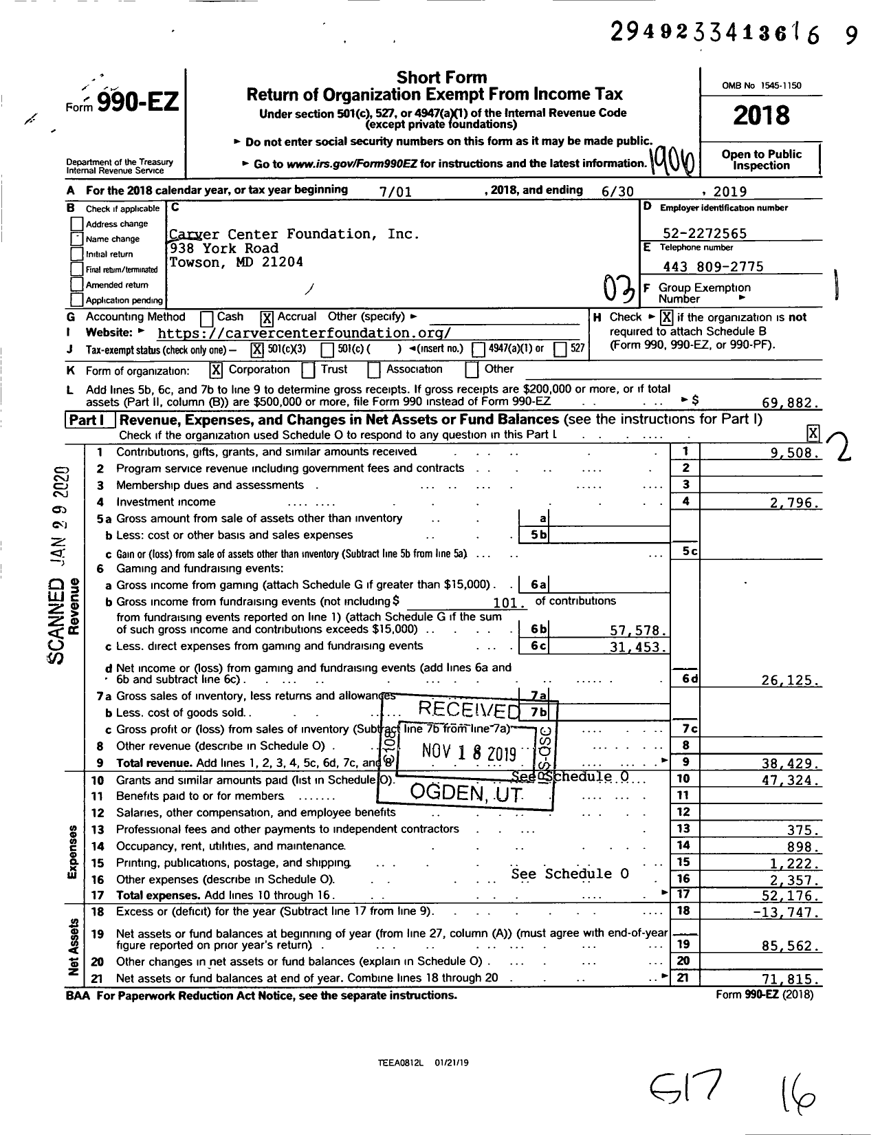 Image of first page of 2018 Form 990EZ for Carver Center Foundation