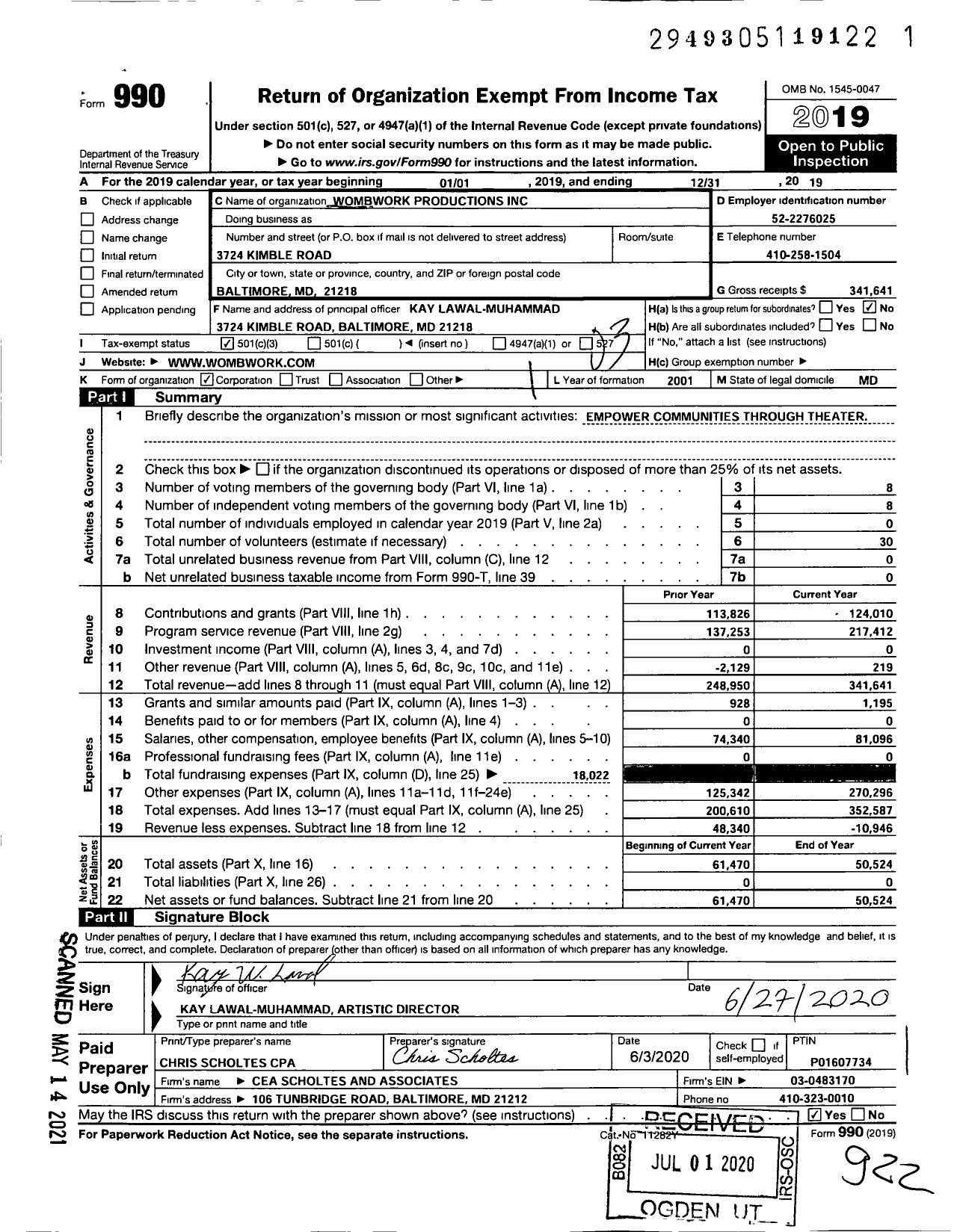 Image of first page of 2019 Form 990 for Wombwork Productions