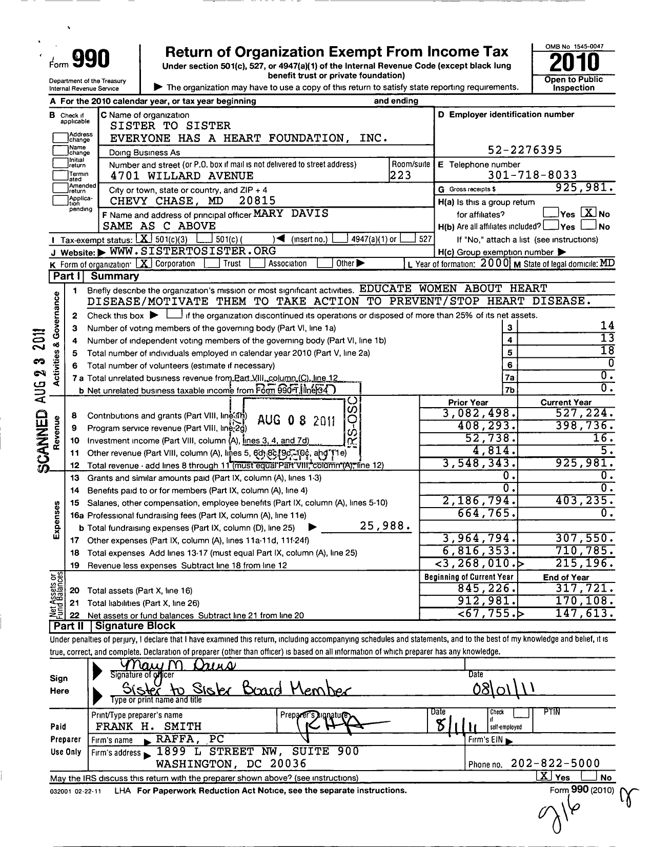 Image of first page of 2010 Form 990 for Sister to Sister Everyone Has a Heart Foundation