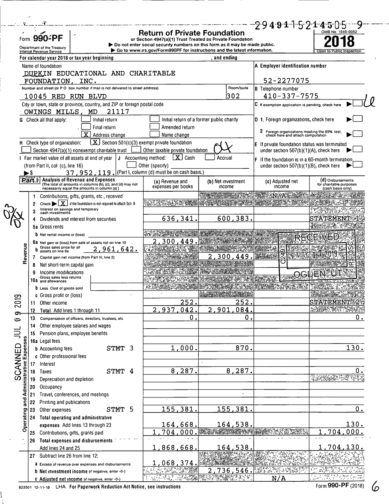 Image of first page of 2018 Form 990PF for Dupkin Educational and Charitable Foundation