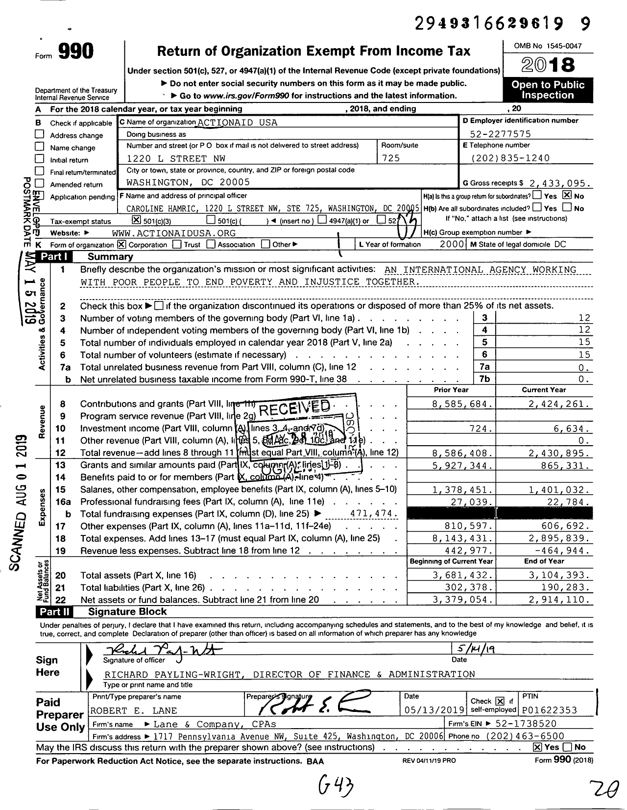 Image of first page of 2018 Form 990 for ActionAid USA