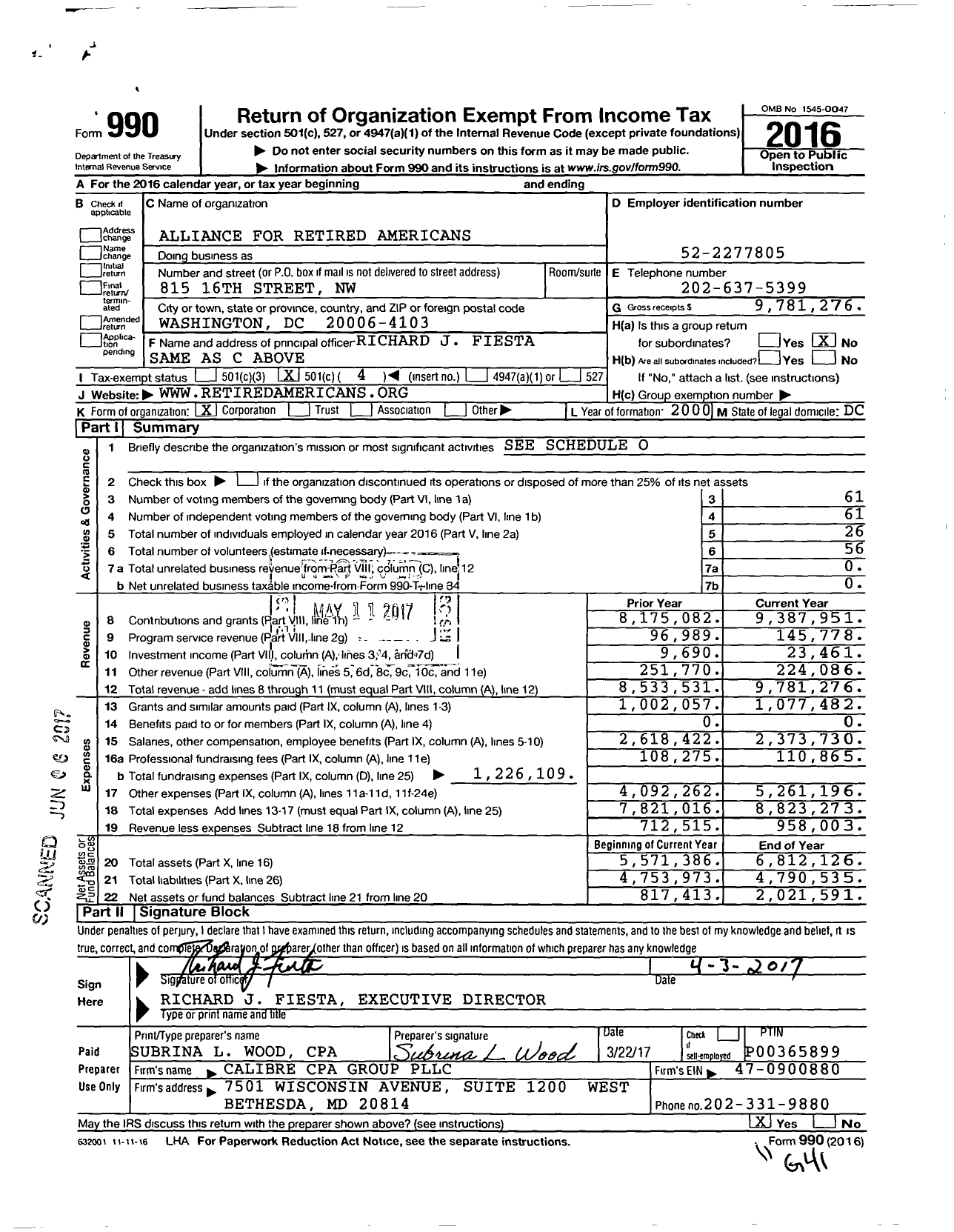 Image of first page of 2016 Form 990O for Alliance for Retired Americans (ARA)