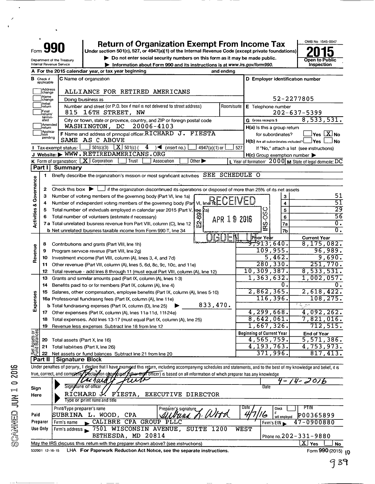 Image of first page of 2015 Form 990O for Alliance for Retired Americans (ARA)