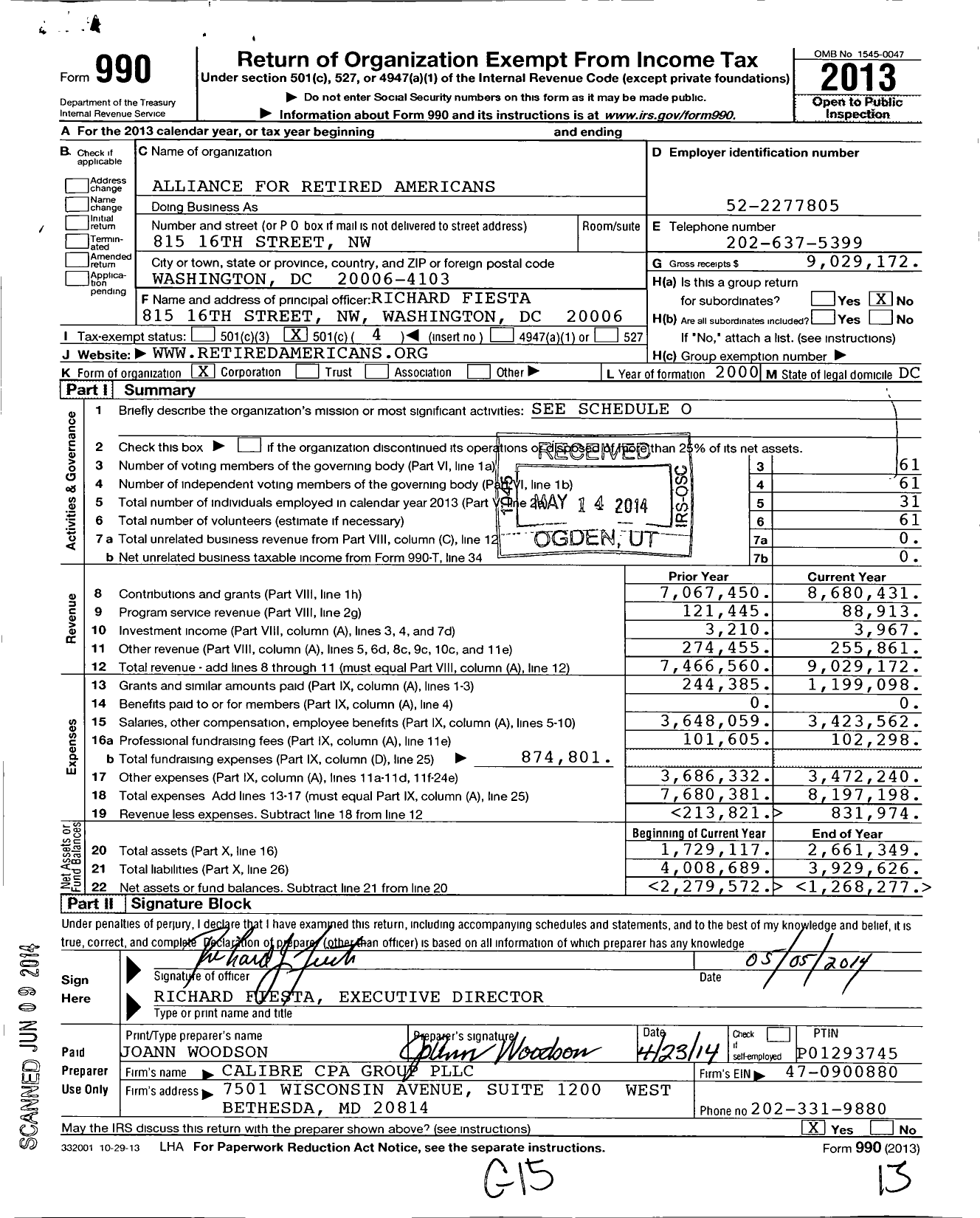 Image of first page of 2013 Form 990O for Alliance for Retired Americans (ARA)
