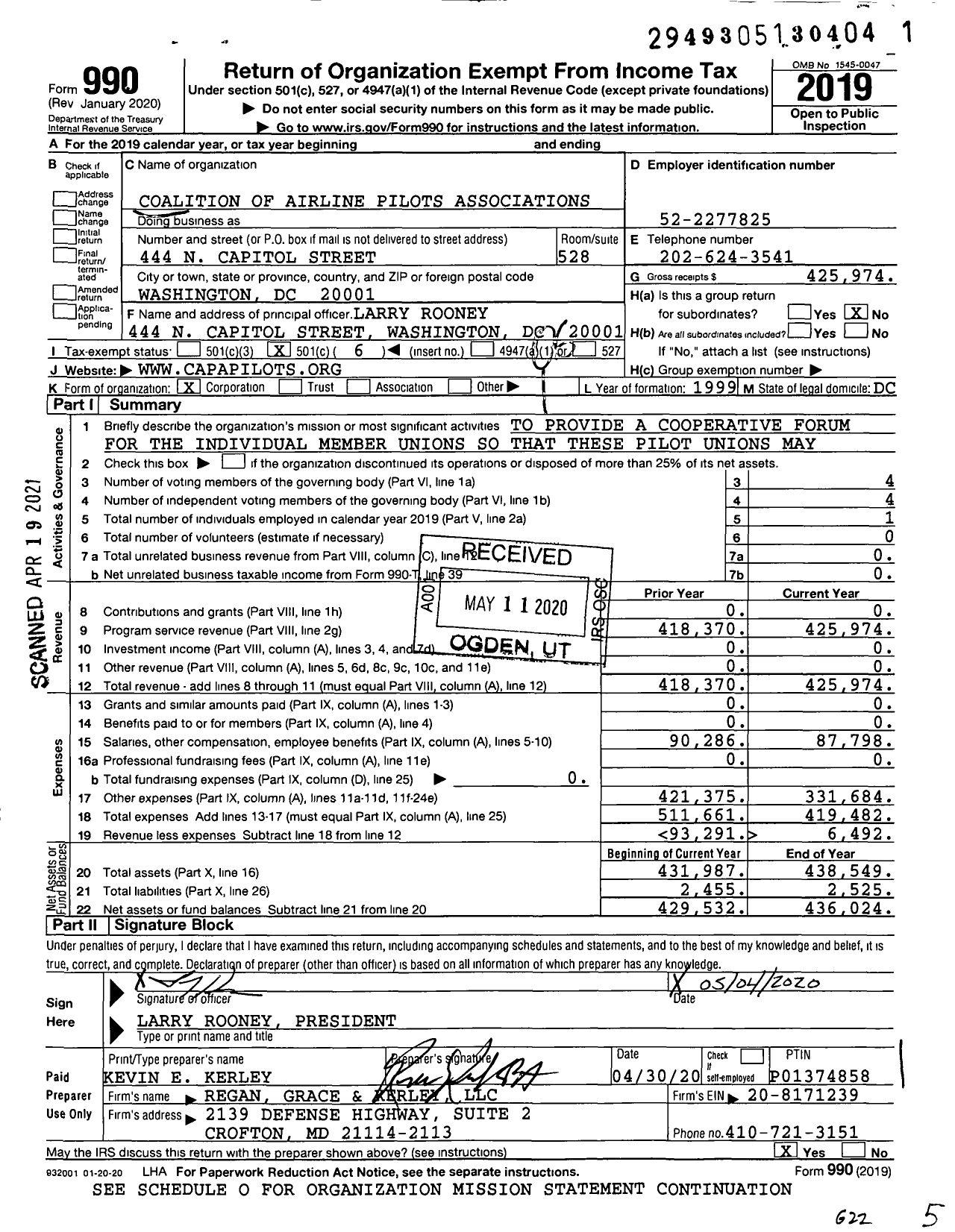 Image of first page of 2019 Form 990O for Coalition of Airline Pilots Associations