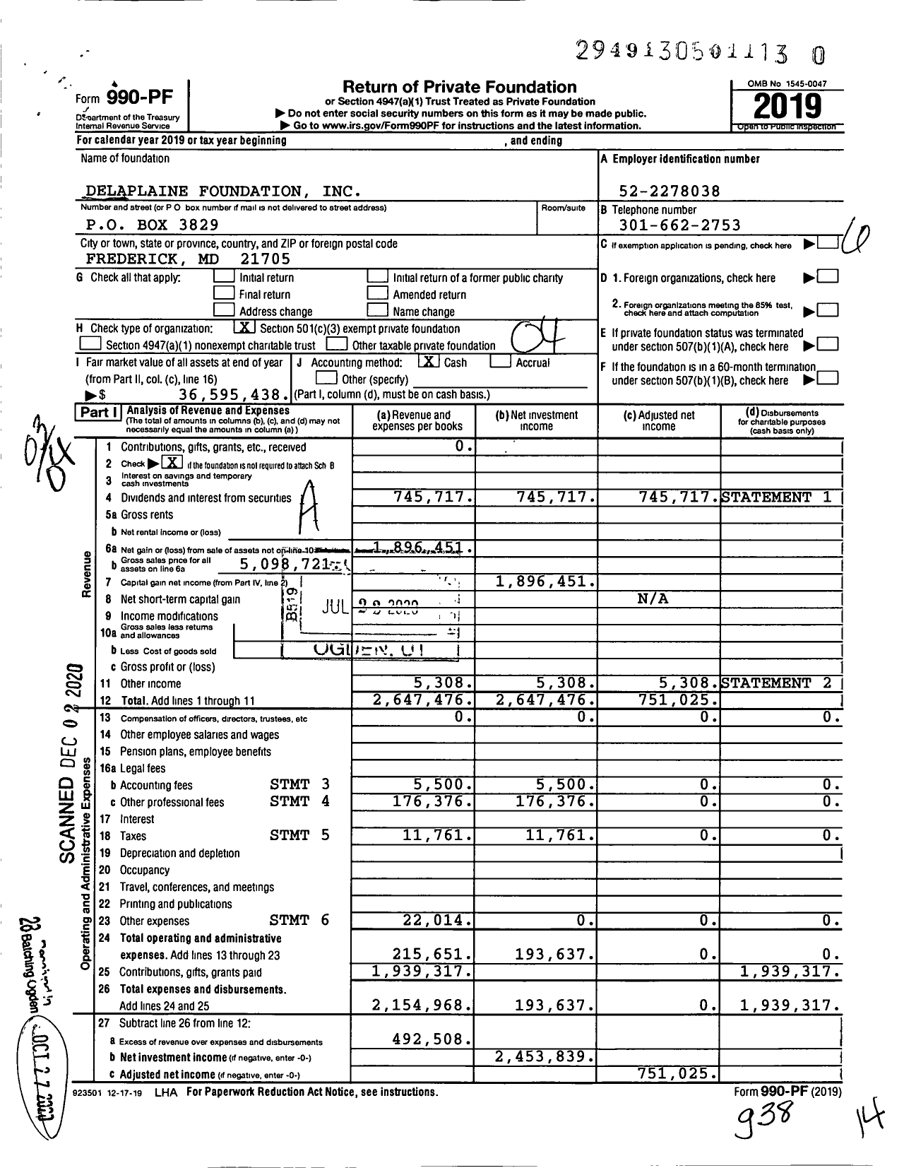 Image of first page of 2019 Form 990PF for Delaplaine Foundation