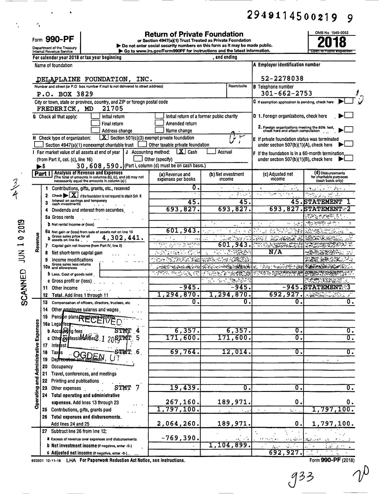 Image of first page of 2018 Form 990PF for Delaplaine Foundation