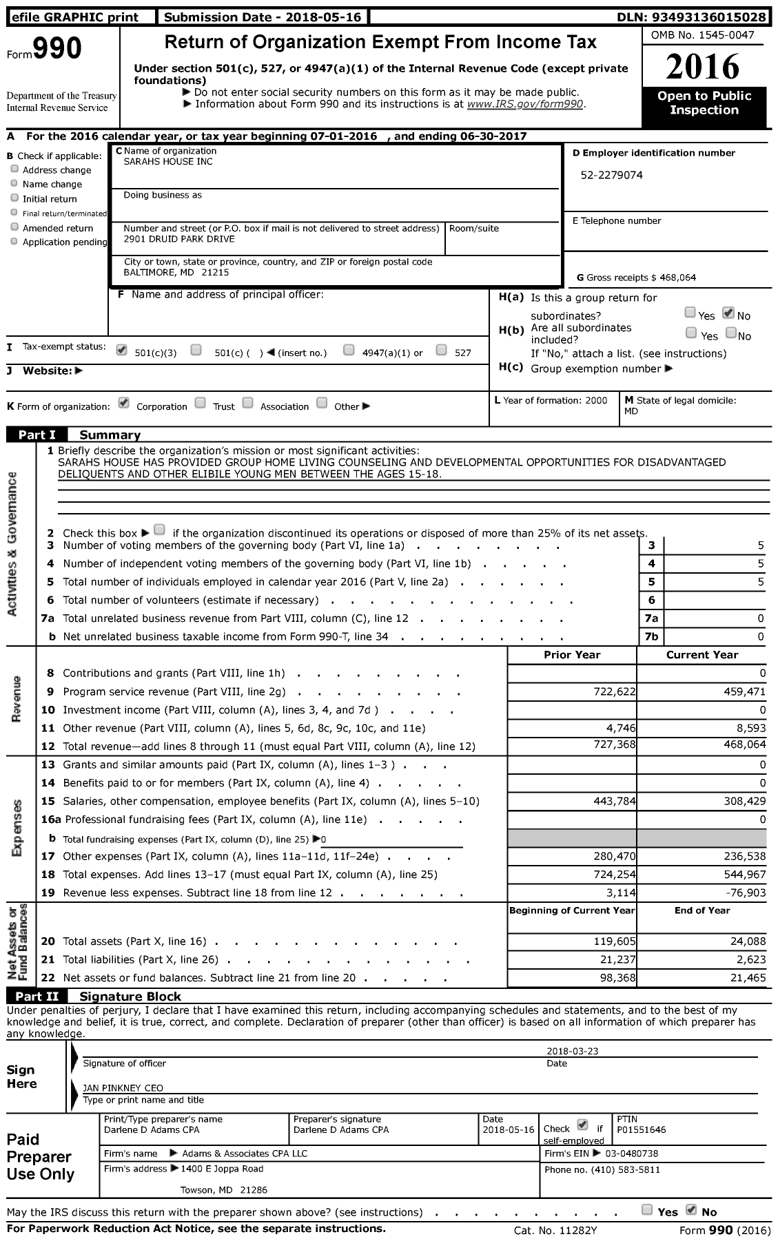 Image of first page of 2016 Form 990 for Sarahs House