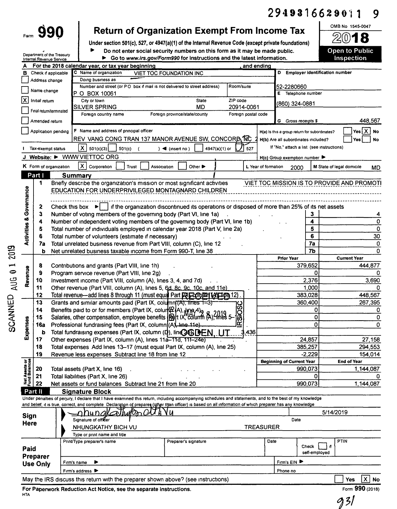 Image of first page of 2018 Form 990 for Viet Toc Foundation