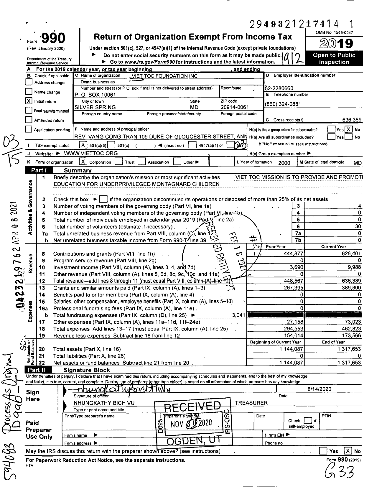 Image of first page of 2019 Form 990 for Viet Toc Foundation