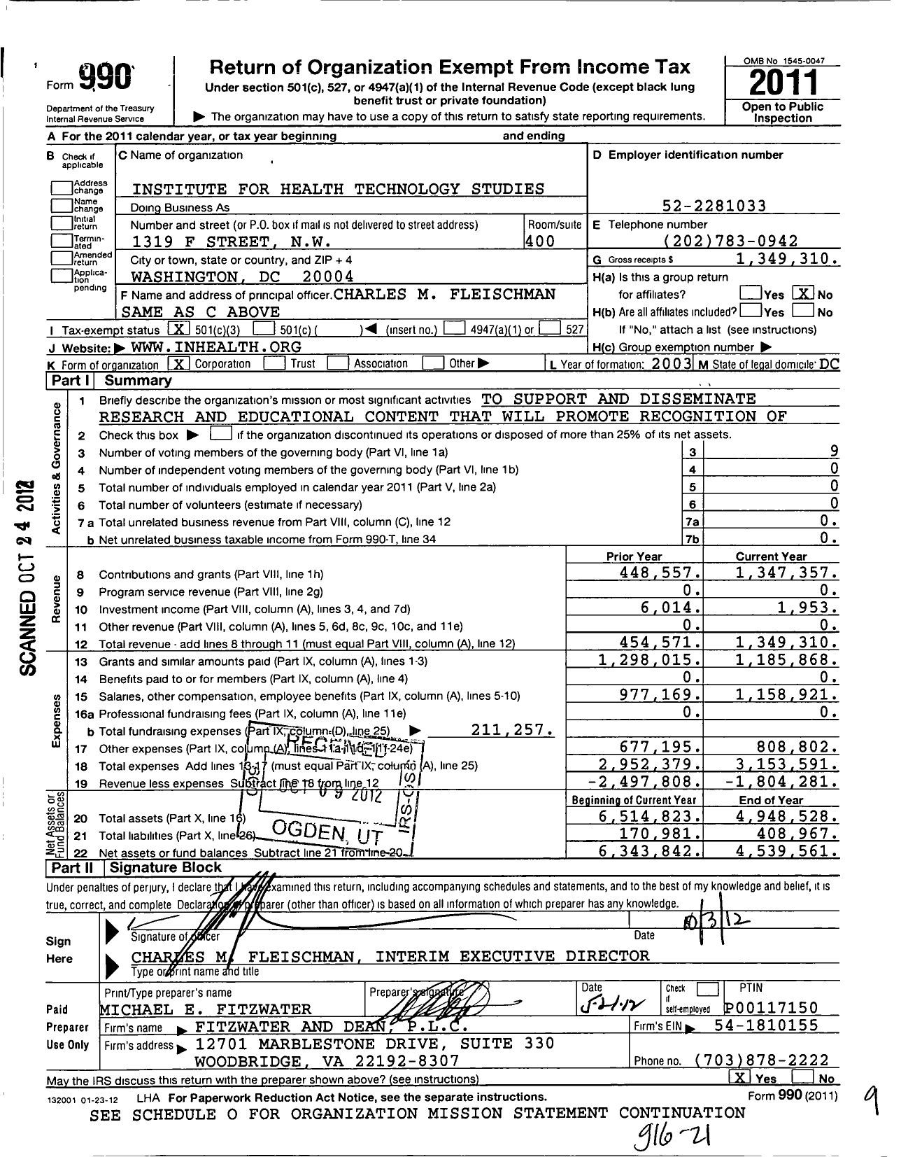 Image of first page of 2011 Form 990 for Institute for Health Technology Studies