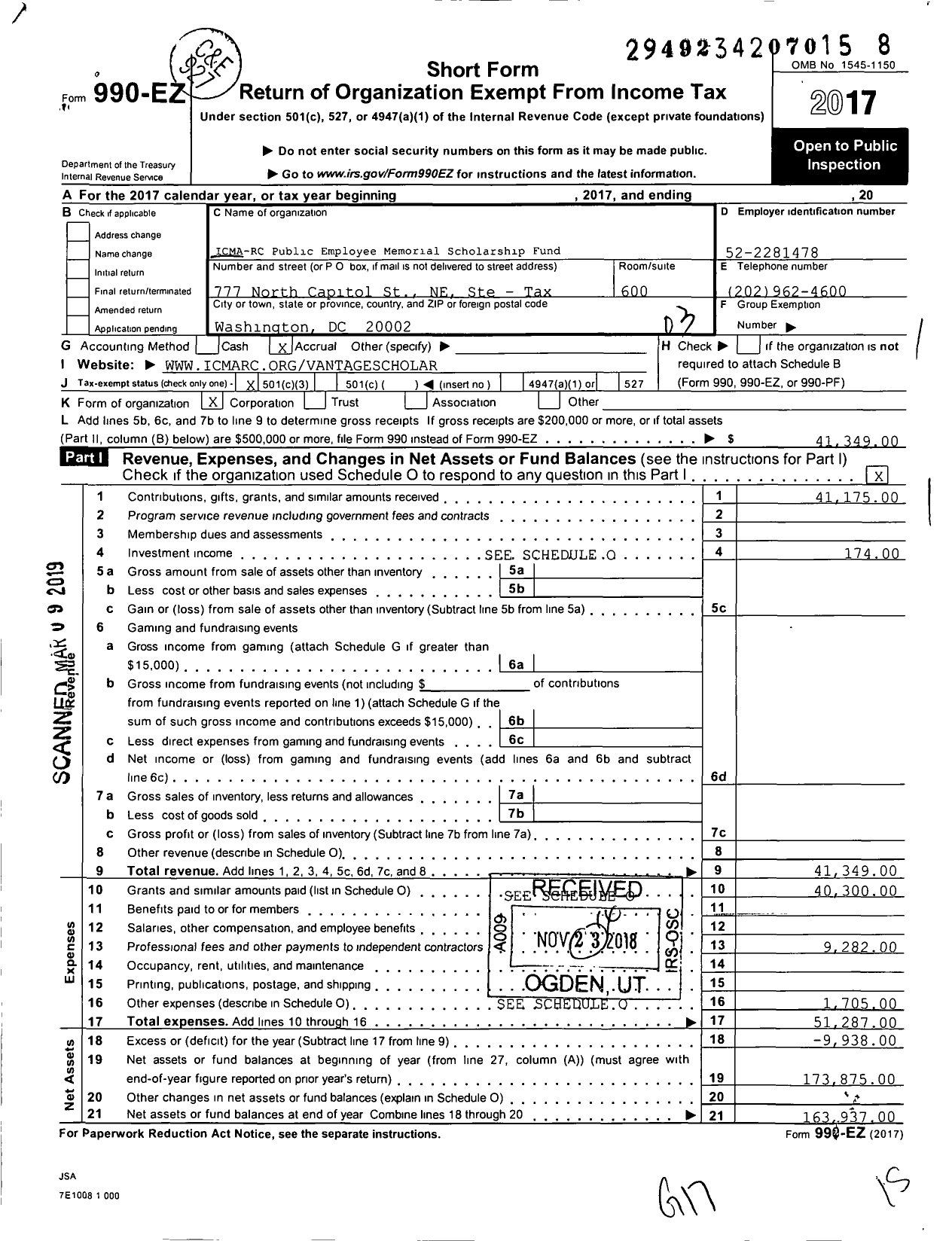 Image of first page of 2017 Form 990EZ for Missionsquare Retirement Memorial Scholarship Fund