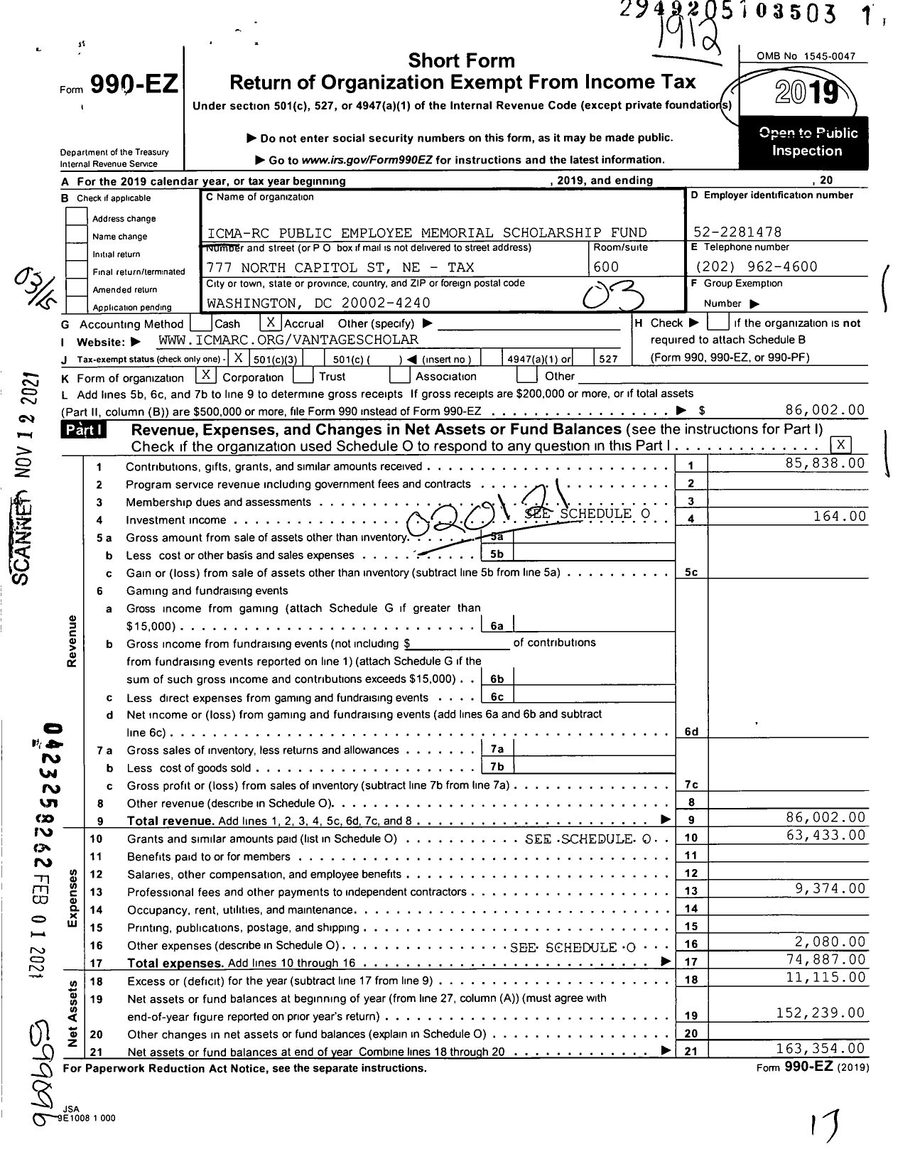 Image of first page of 2019 Form 990EZ for Missionsquare Retirement Memorial Scholarship Fund