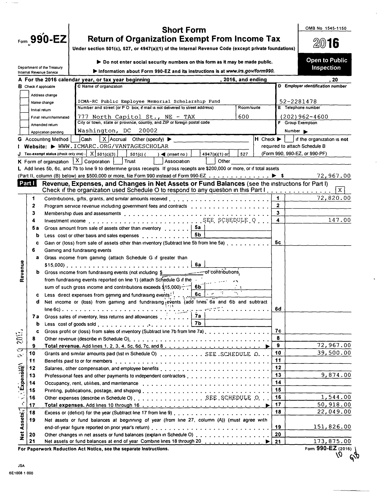 Image of first page of 2016 Form 990EZ for Missionsquare Retirement Memorial Scholarship Fund