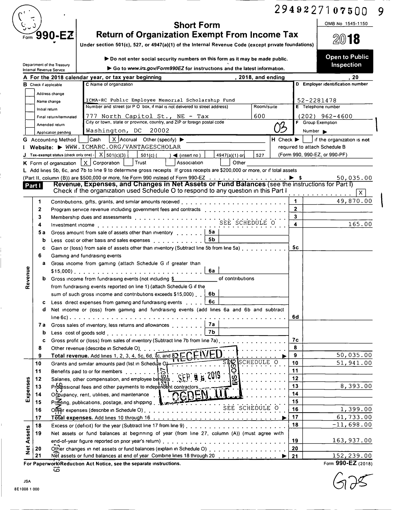 Image of first page of 2018 Form 990EZ for Missionsquare Retirement Memorial Scholarship Fund