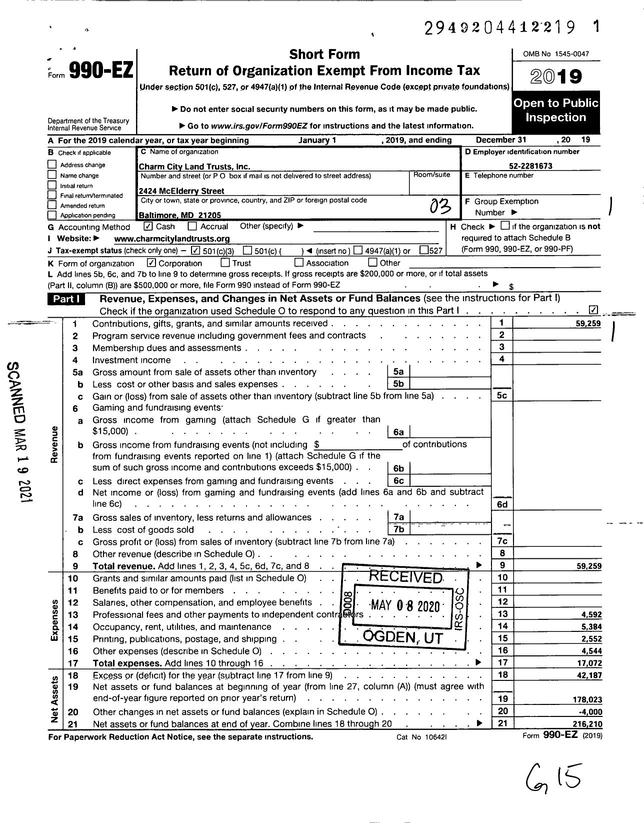 Image of first page of 2019 Form 990EZ for Charm City Land Trusts