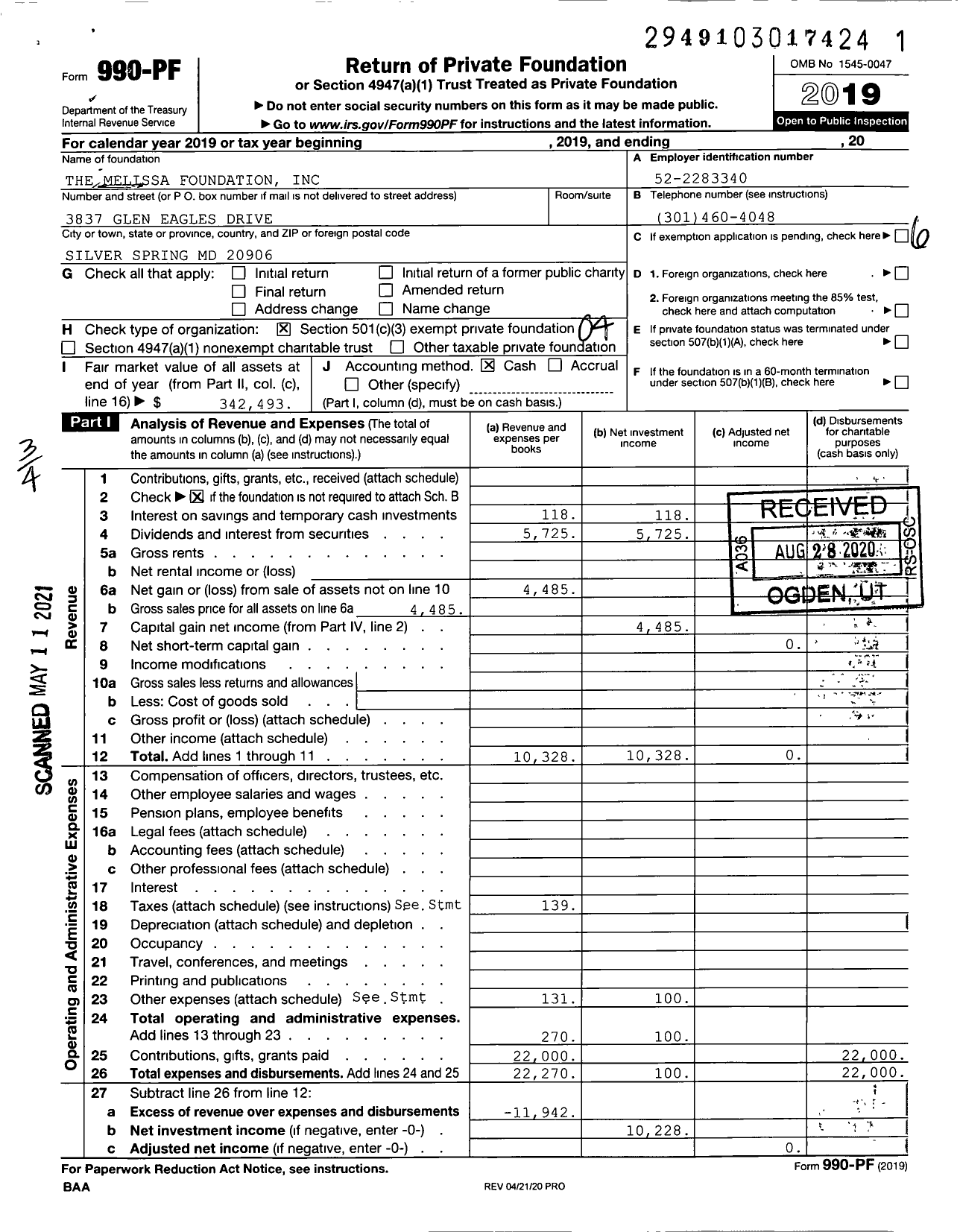 Image of first page of 2019 Form 990PF for The Melissa Foundation