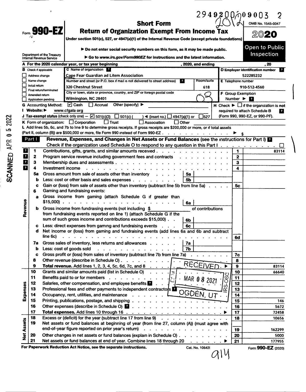 Image of first page of 2020 Form 990EZ for Cape Fear Guardian ad Litem Association