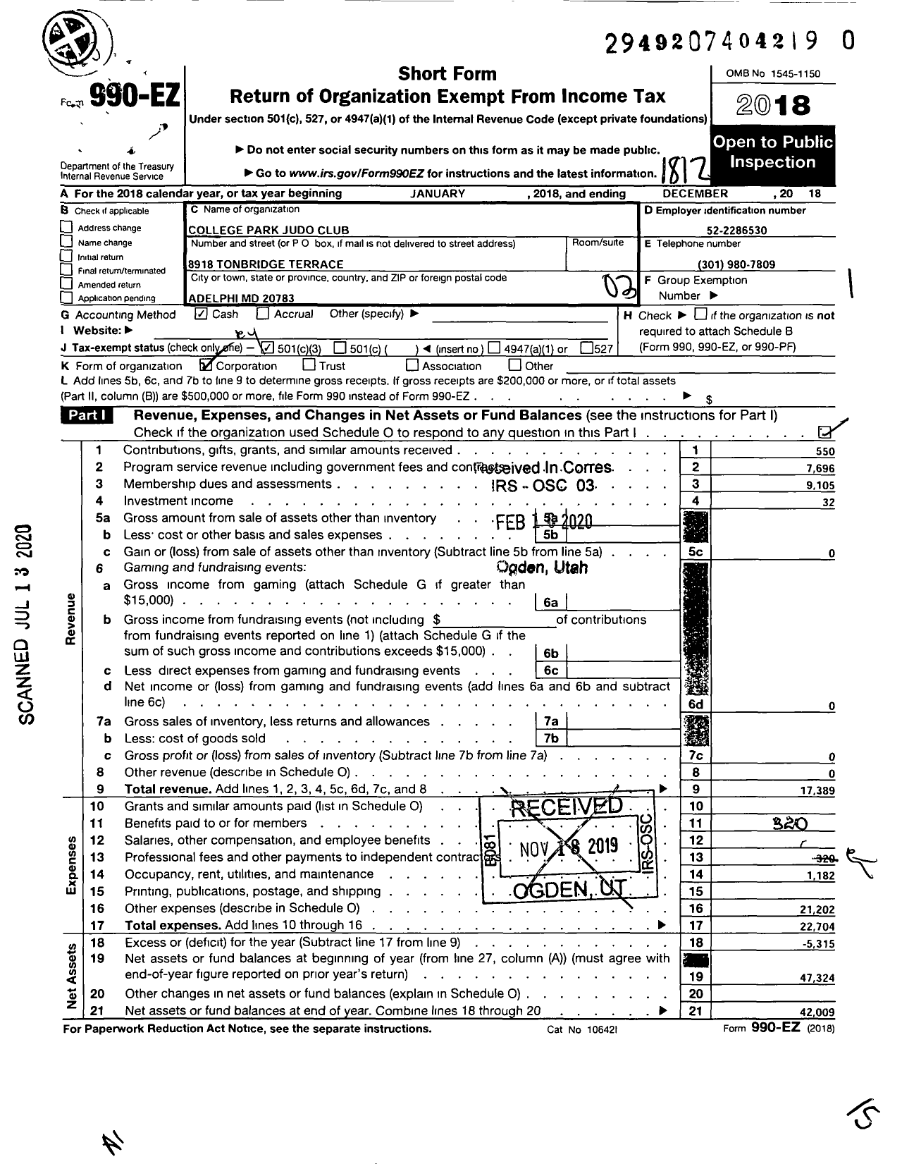 Image of first page of 2018 Form 990EZ for College Park Judo Club