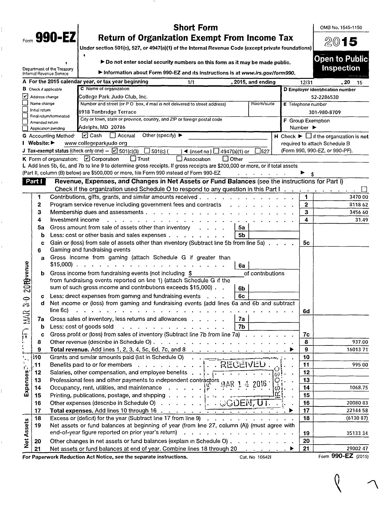 Image of first page of 2015 Form 990EZ for College Park Judo Club