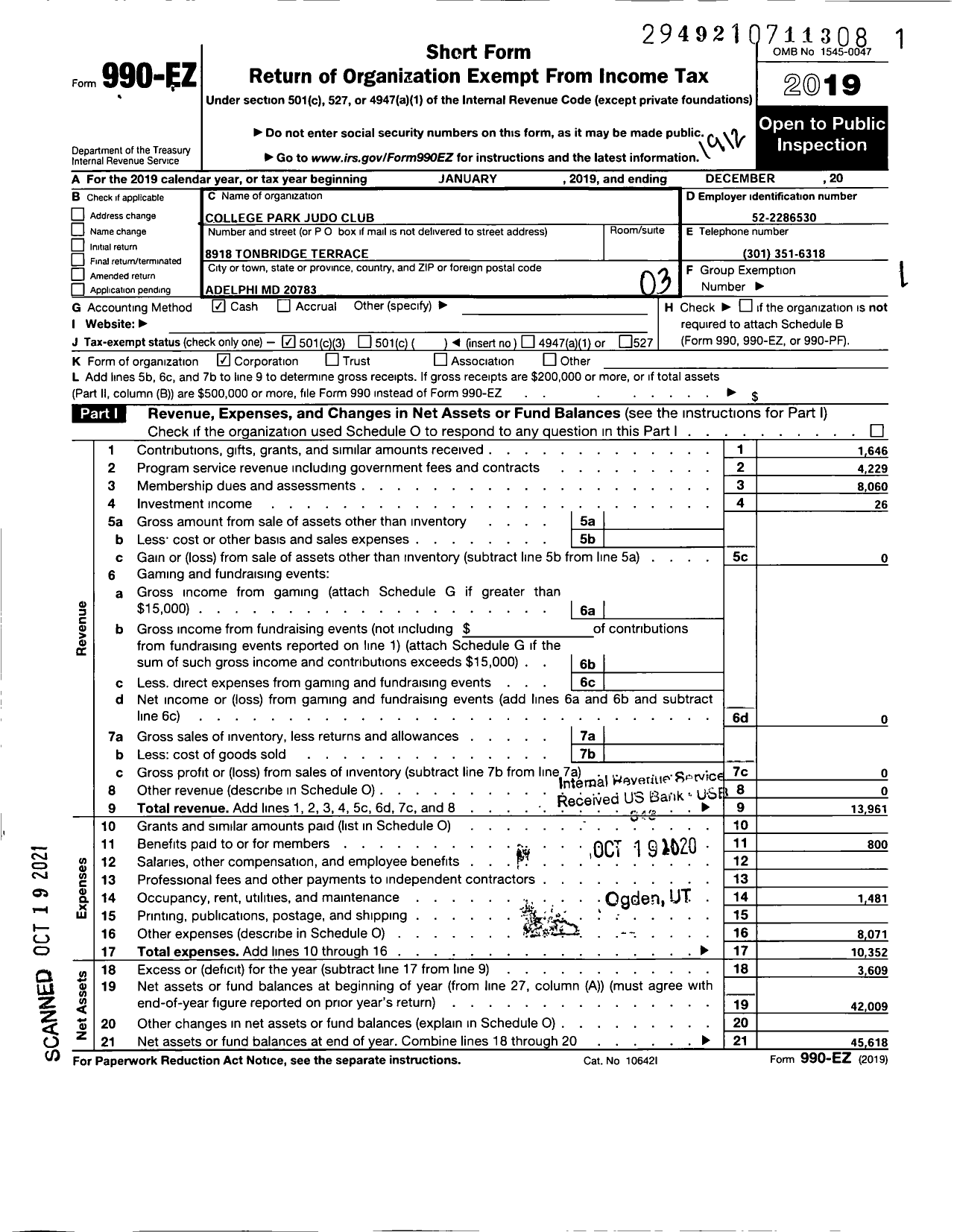 Image of first page of 2019 Form 990EZ for College Park Judo Club