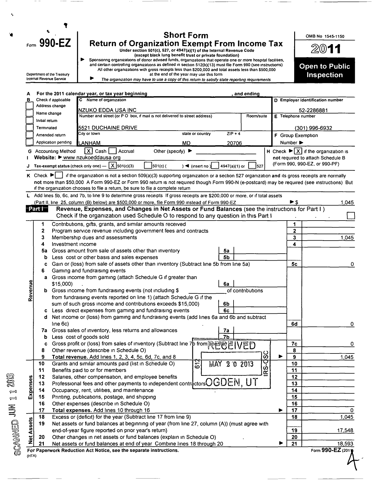 Image of first page of 2011 Form 990EZ for Nzuko Edda USA