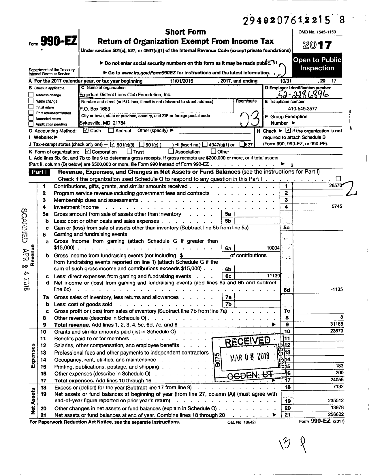 Image of first page of 2016 Form 990EZ for Freedom District Lions Club Foundation