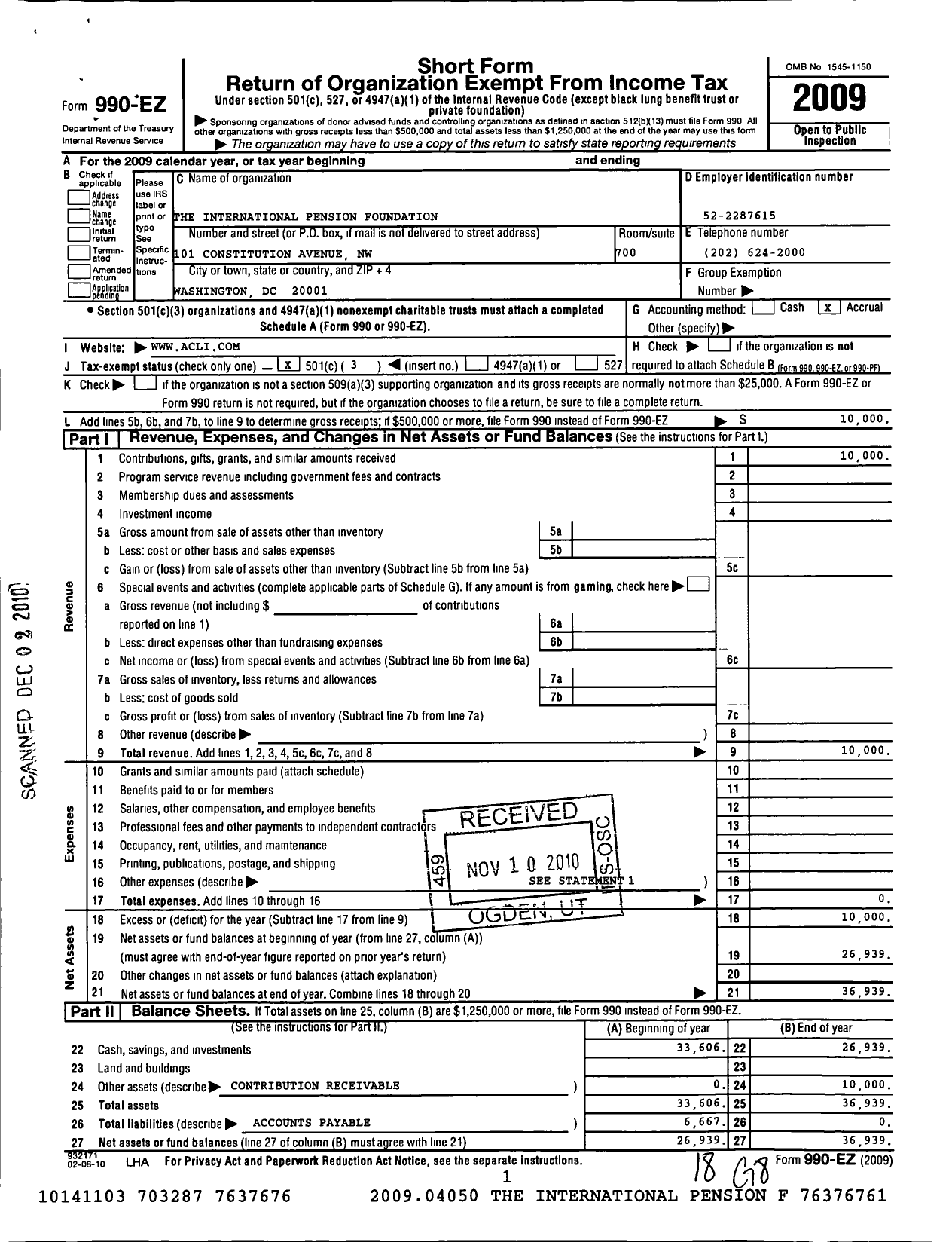 Image of first page of 2009 Form 990EZ for International Pension Foundation