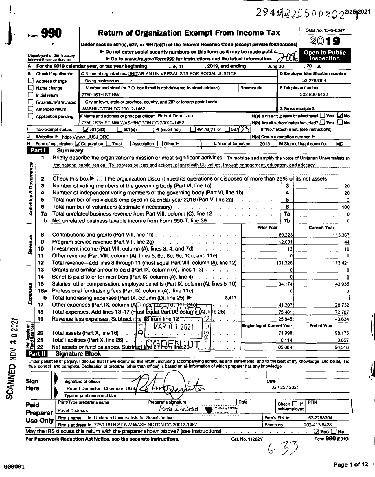 Image of first page of 2019 Form 990 for Unitarian Universalists for Social Justice